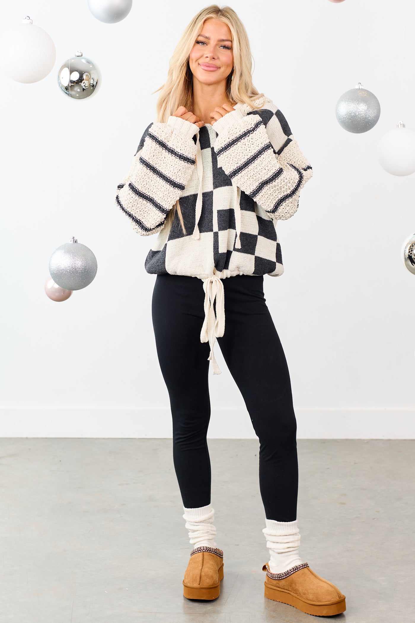 Mello Ivory Checkered and Striped Hooded Sweater