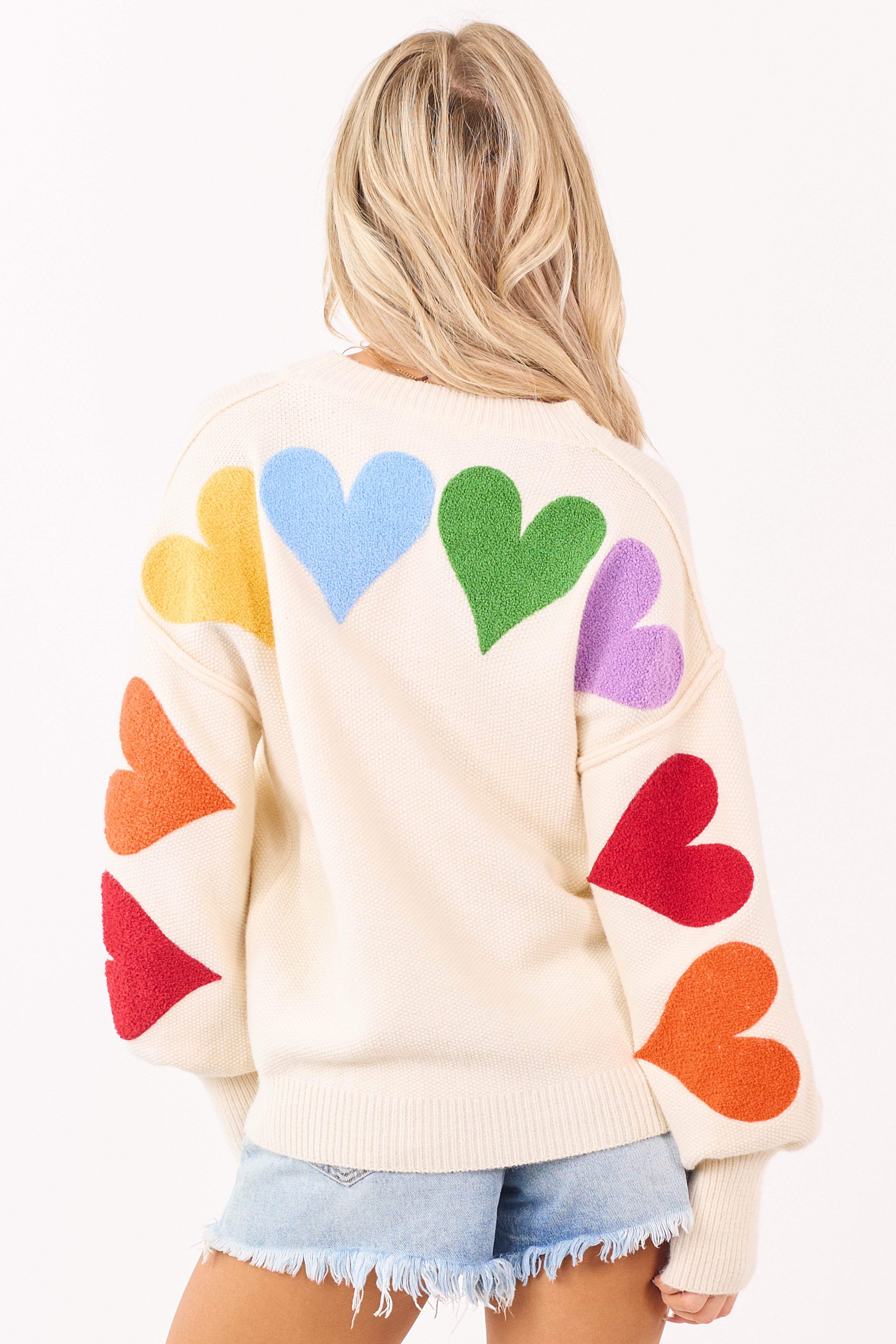 PRE-ORDER Mello Ivory Rainbow Heart Patch Relaxed Sweater Ships 1/9
