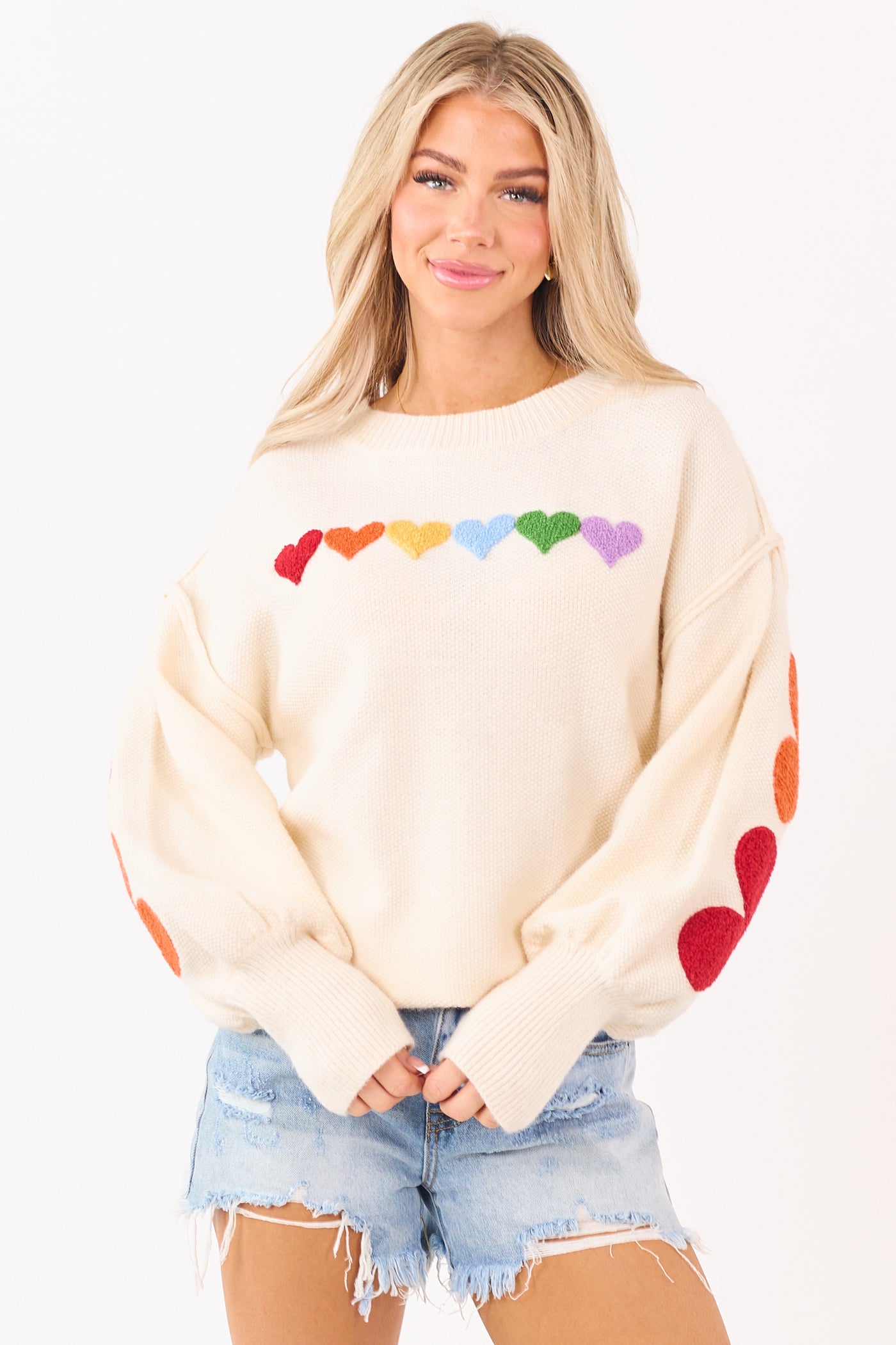 PRE-ORDER Mello Ivory Rainbow Heart Patch Relaxed Sweater Ships 1/9
