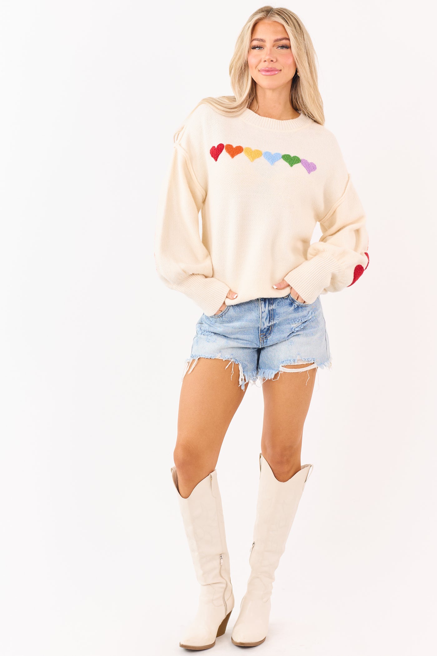 PRE-ORDER Mello Ivory Rainbow Heart Patch Relaxed Sweater Ships 1/9