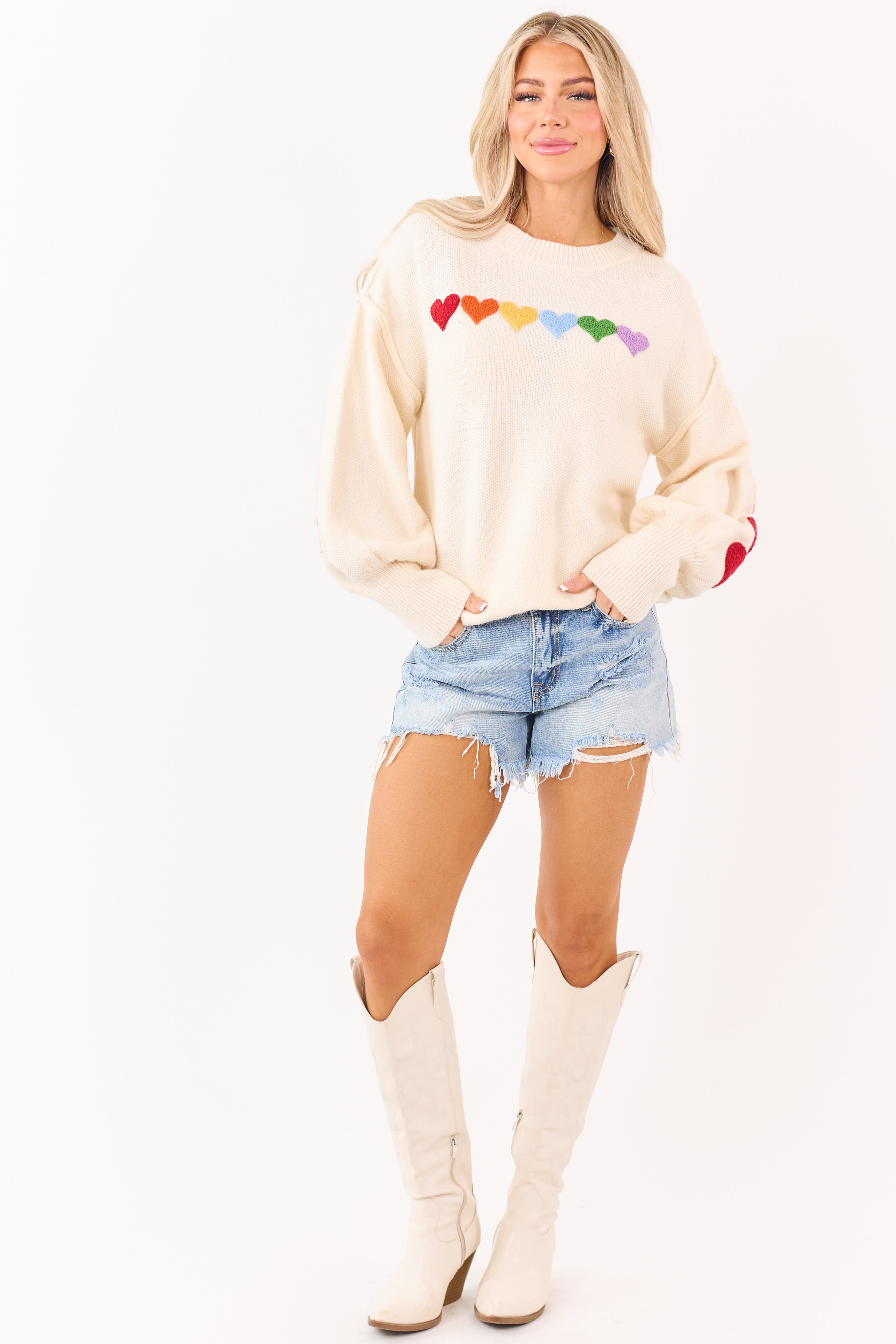 PRE-ORDER Mello Ivory Rainbow Heart Patch Relaxed Sweater Ships 1/9