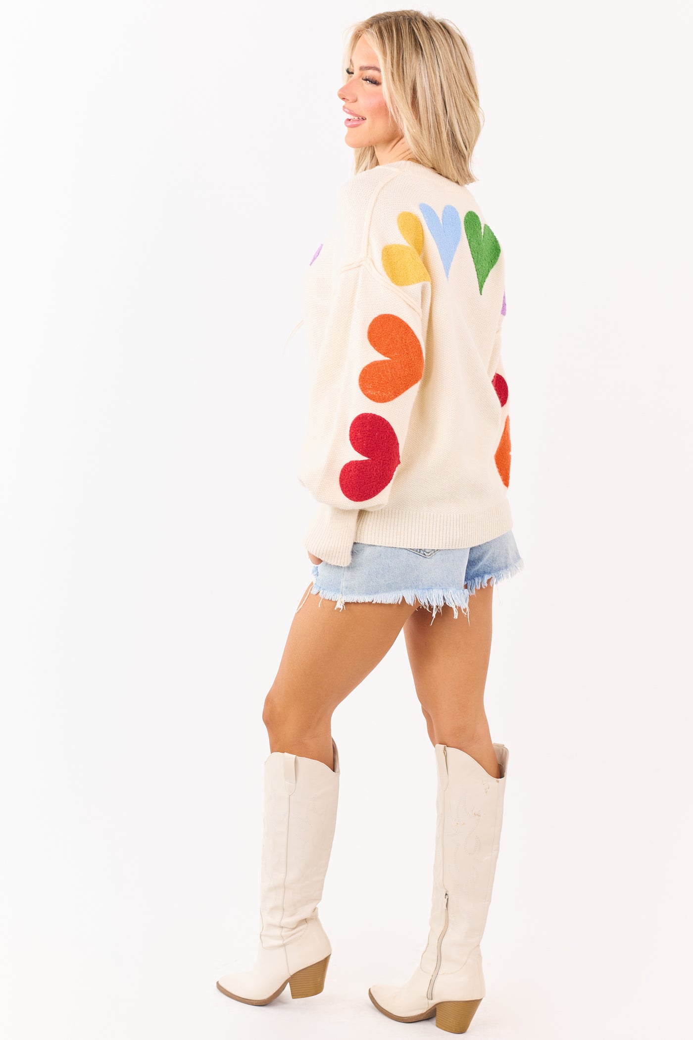 PRE-ORDER Mello Ivory Rainbow Heart Patch Relaxed Sweater Ships 1/9