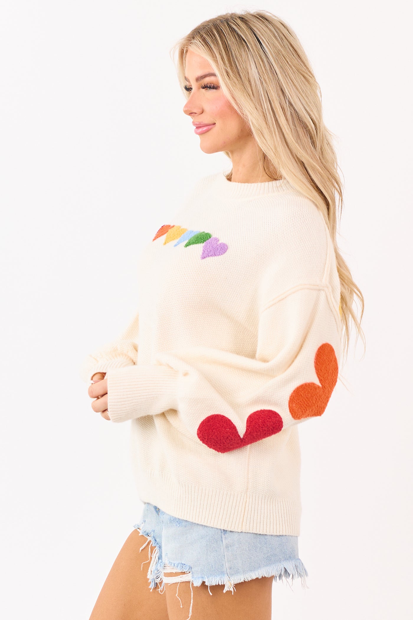 PRE-ORDER Mello Ivory Rainbow Heart Patch Relaxed Sweater Ships 1/9
