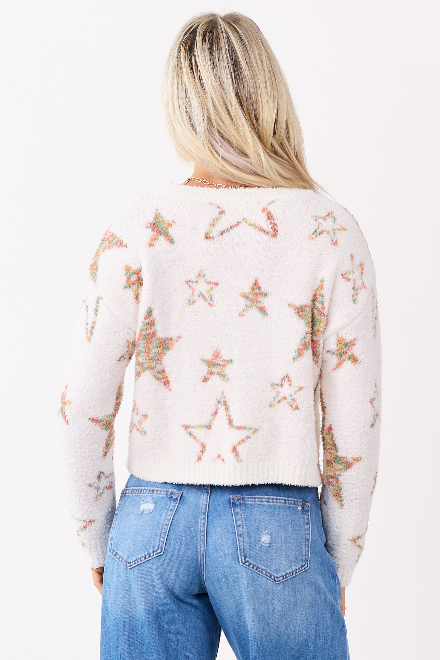 Mello Ivory Star Pattern Fuzzy Knit Sweater