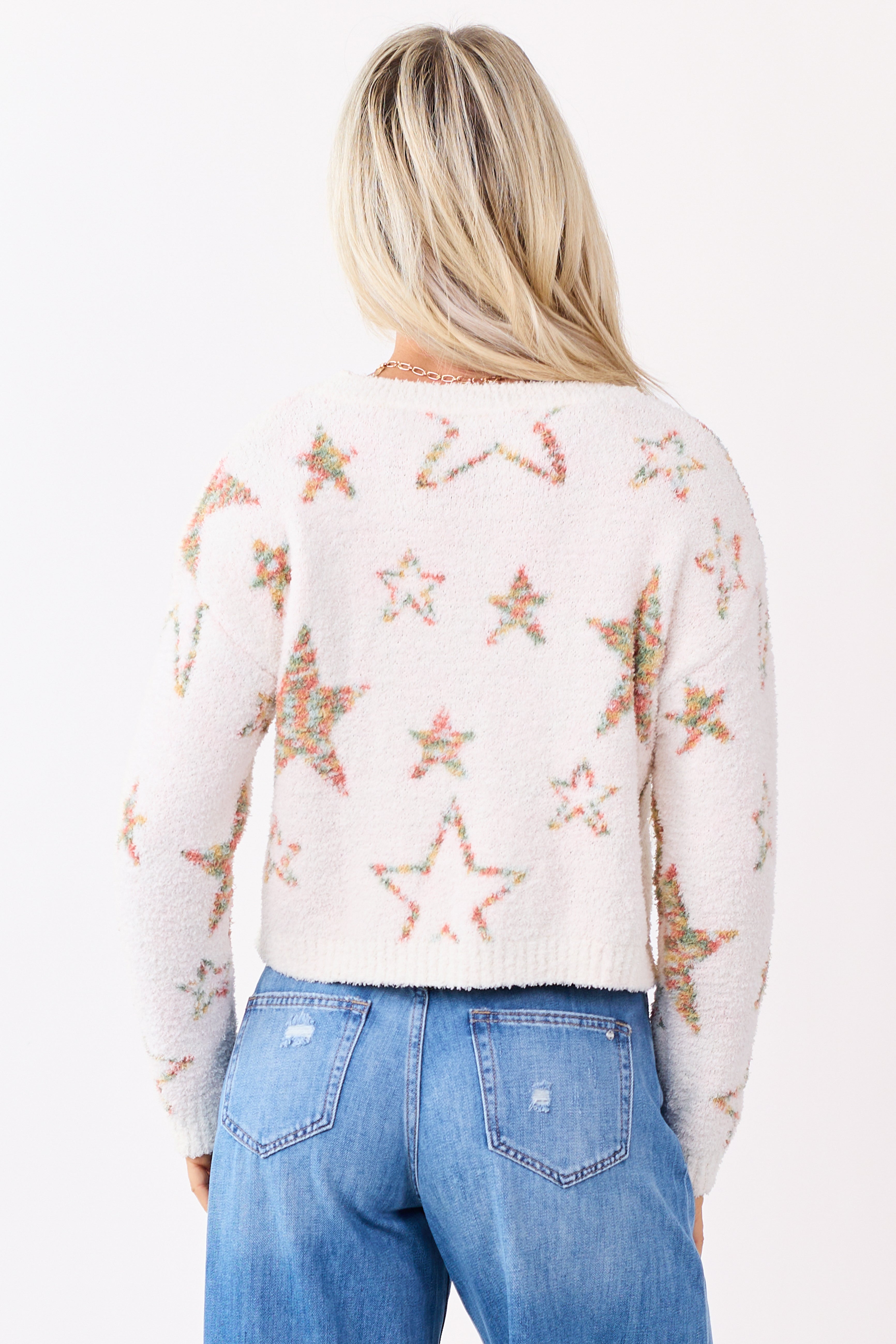 Mello Ivory Star Pattern Fuzzy Knit Sweater