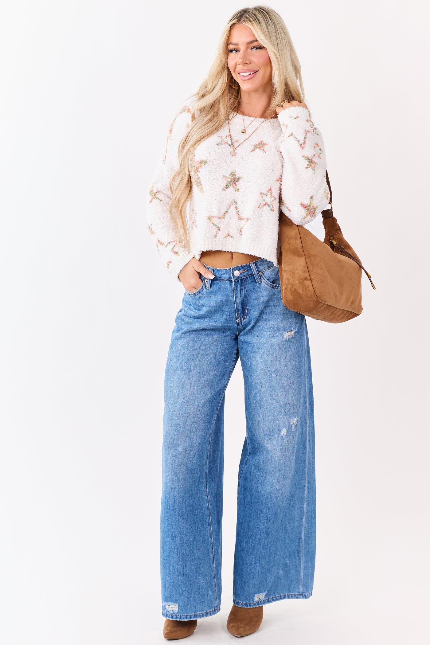 Mello Ivory Star Pattern Fuzzy Knit Sweater