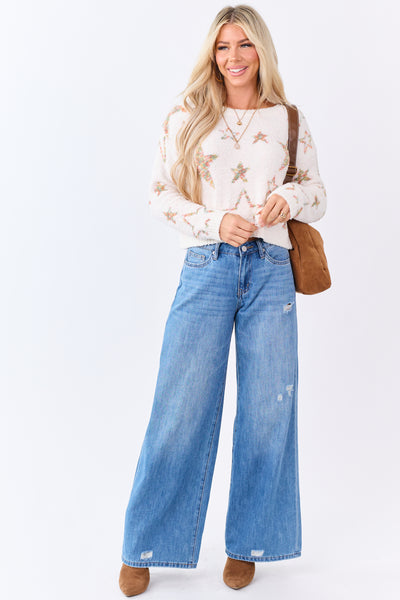 Mello Ivory Star Pattern Fuzzy Knit Sweater