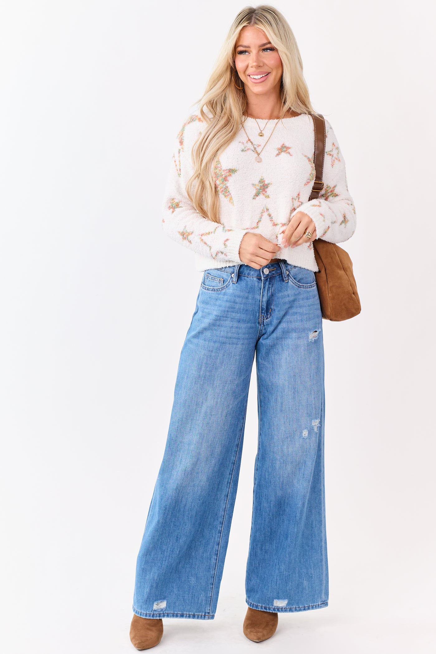 Mello Ivory Star Pattern Fuzzy Knit Sweater