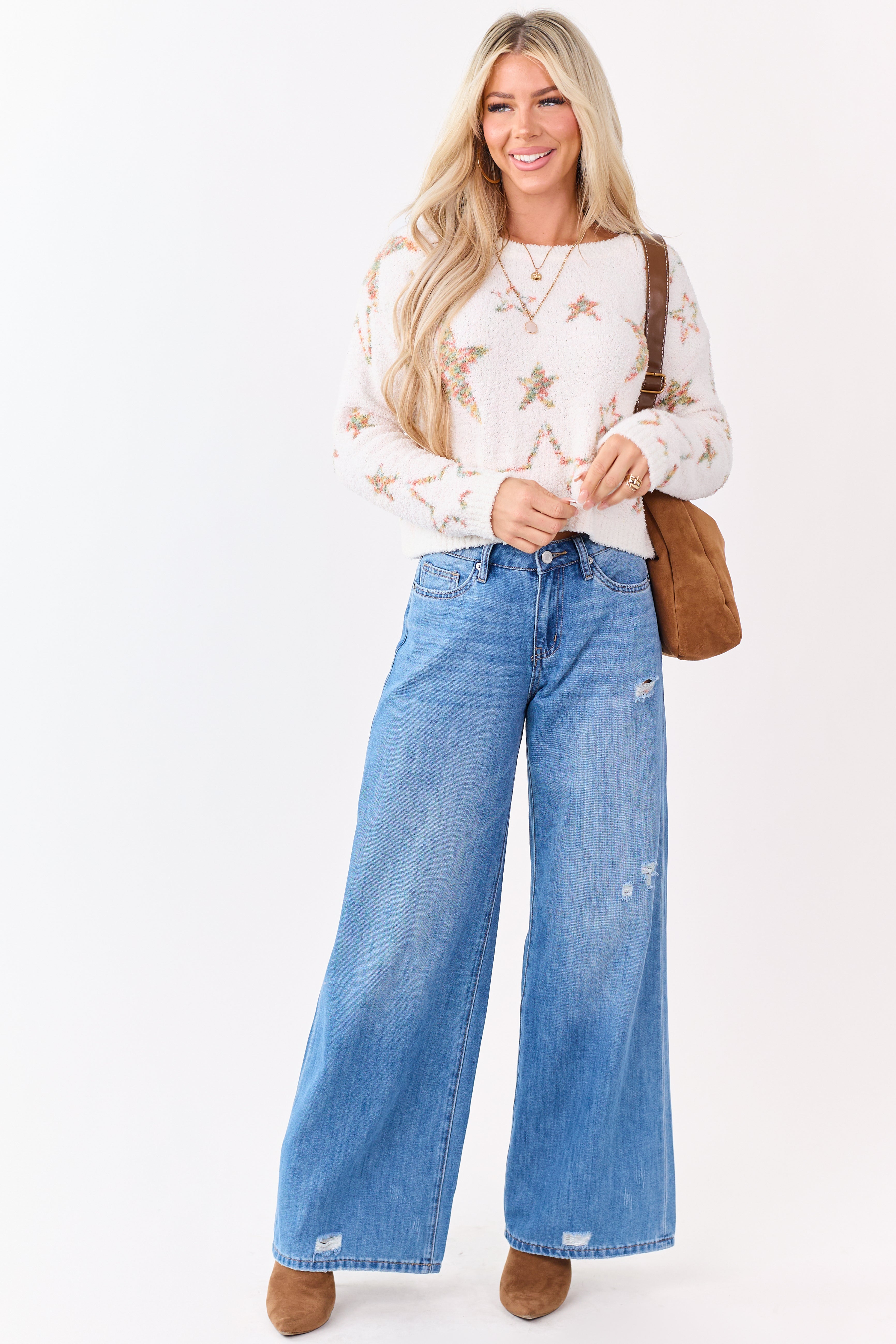 Mello Ivory Star Pattern Fuzzy Knit Sweater