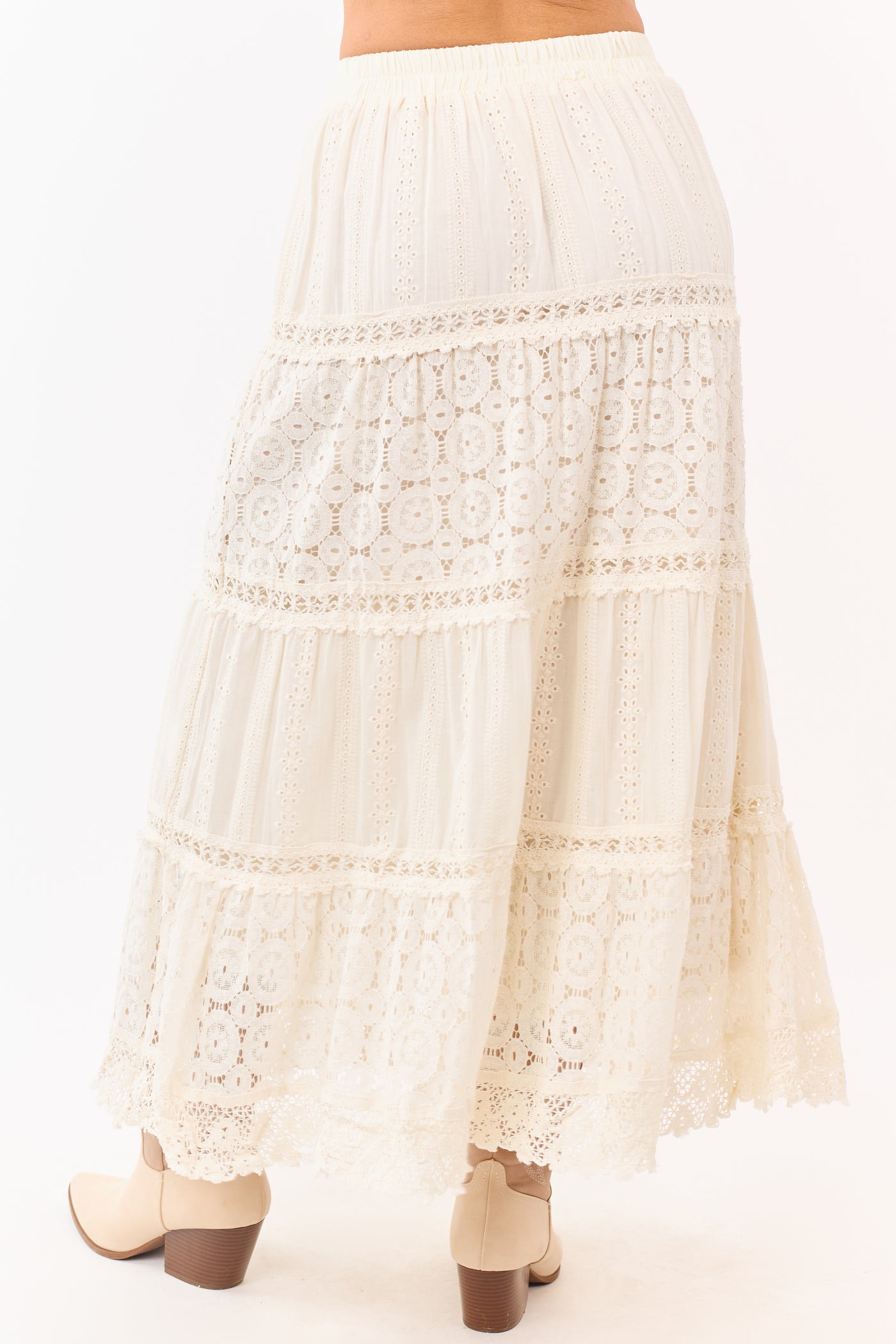 Mello Ivory Tiered Lace Tassel Tie Maxi Skirt