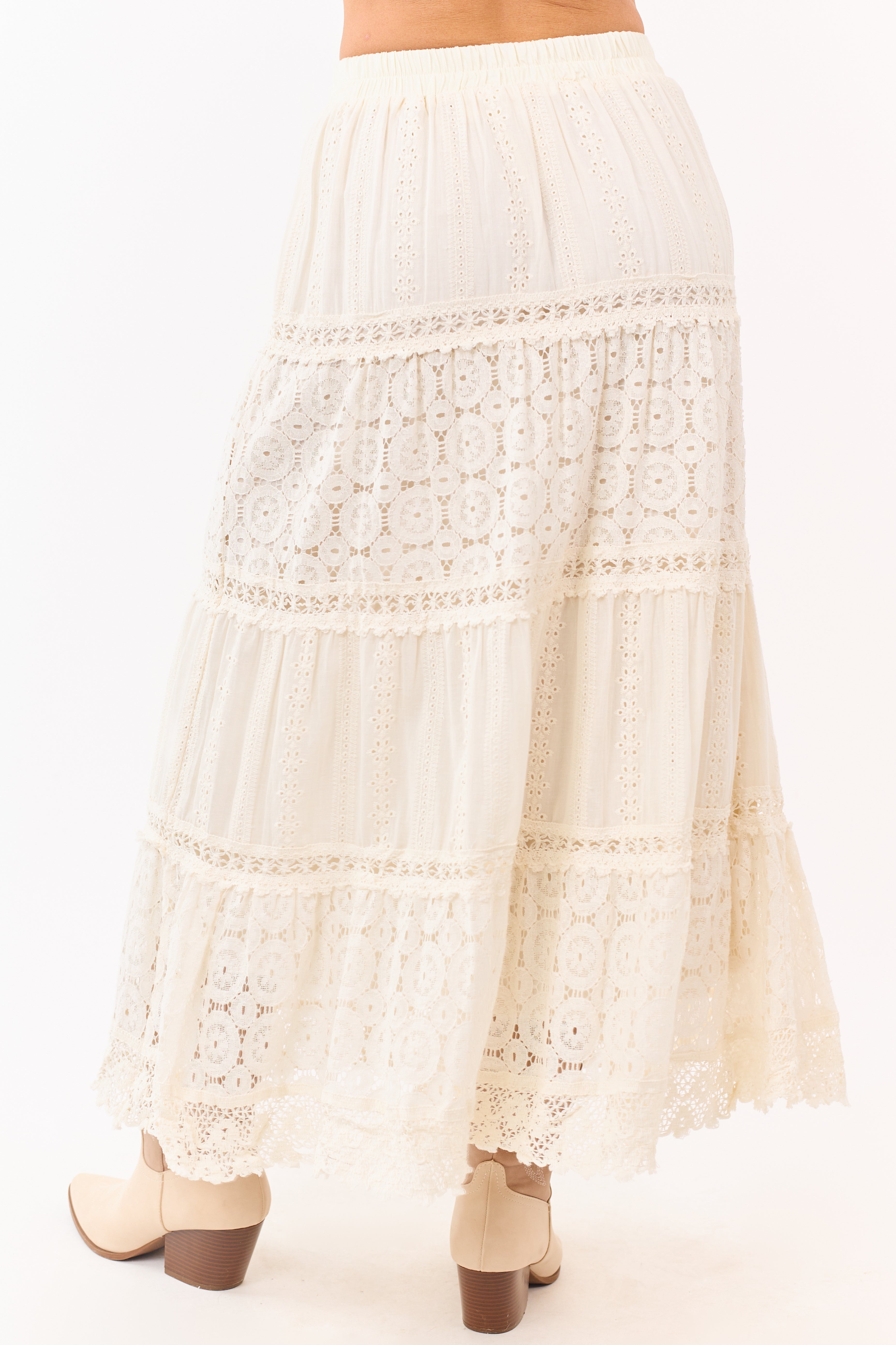 Mello Ivory Tiered Lace Tassel Tie Maxi Skirt