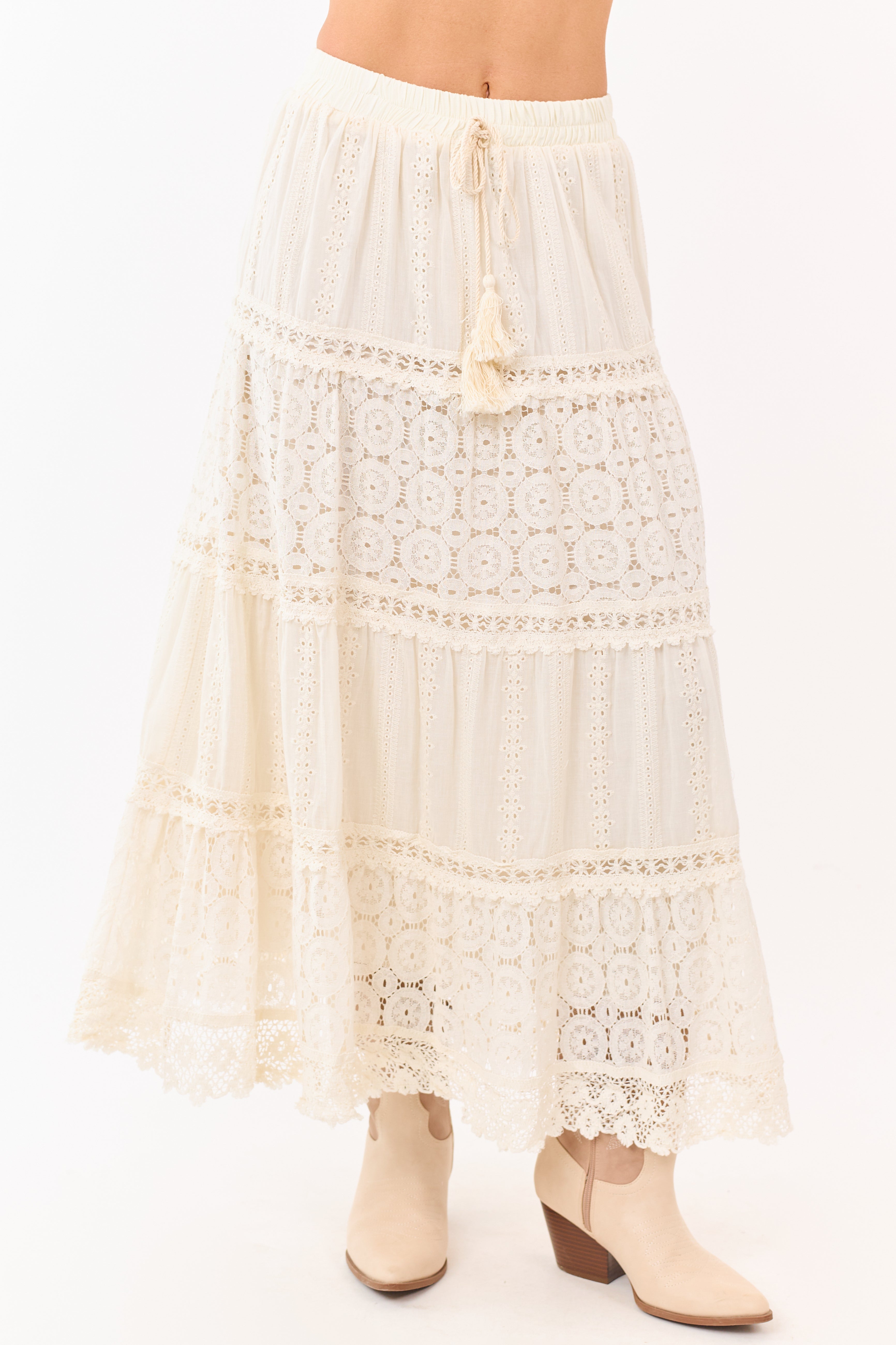 Mello Ivory Tiered Lace Tassel Tie Maxi Skirt