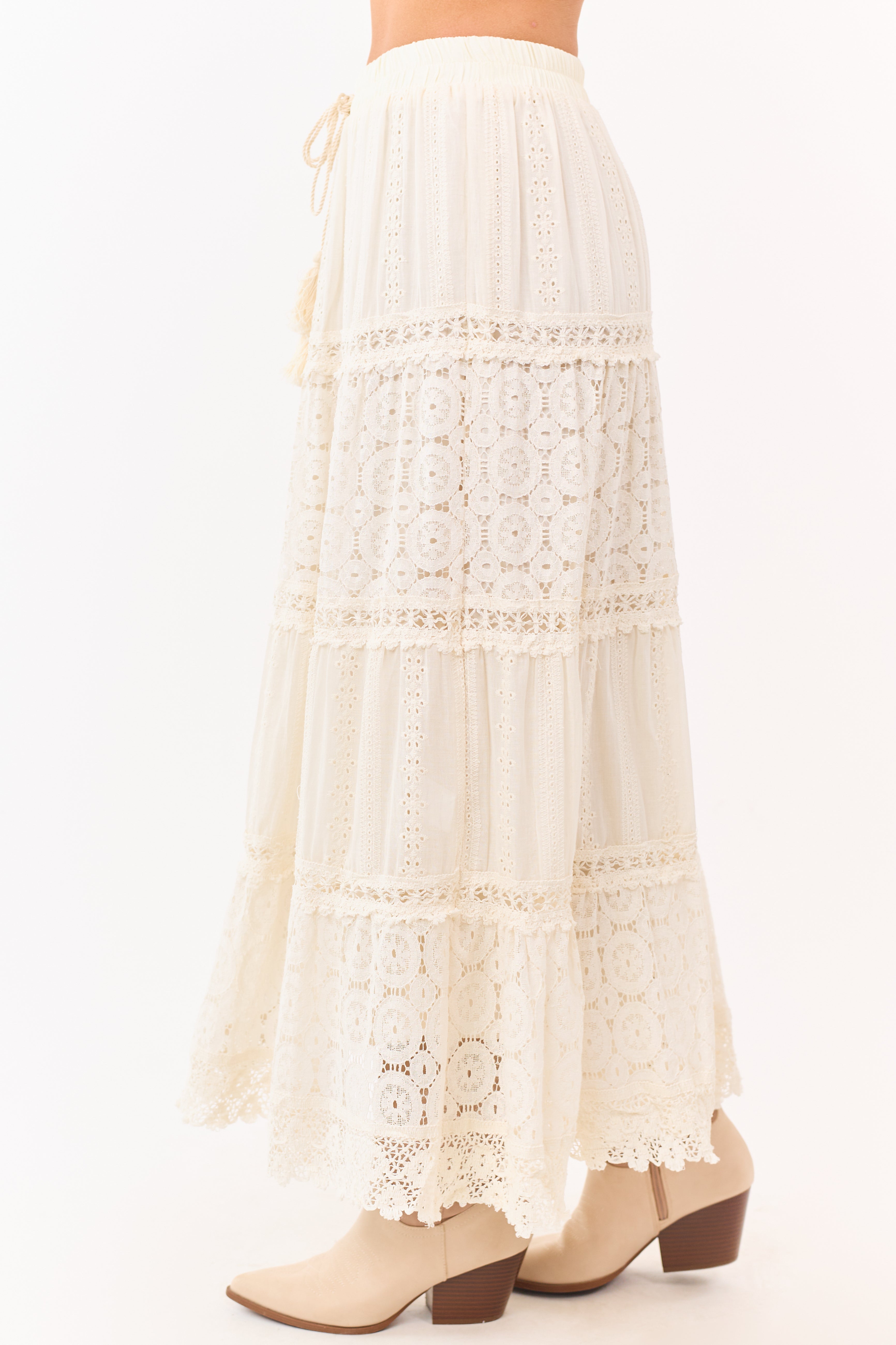Mello Ivory Tiered Lace Tassel Tie Maxi Skirt