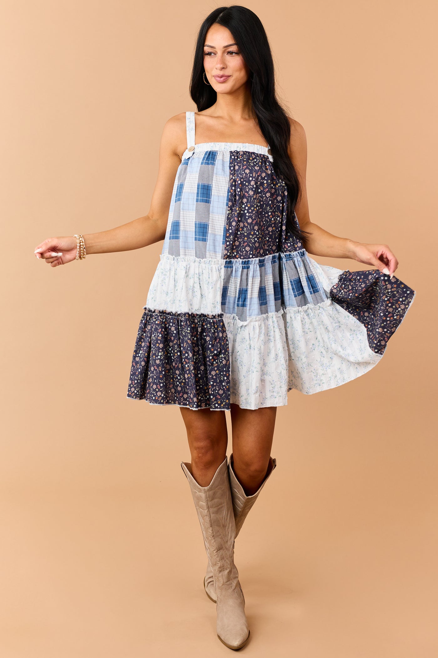 Mello Navy Cotton Patchwork Sleeveless Mini Dress