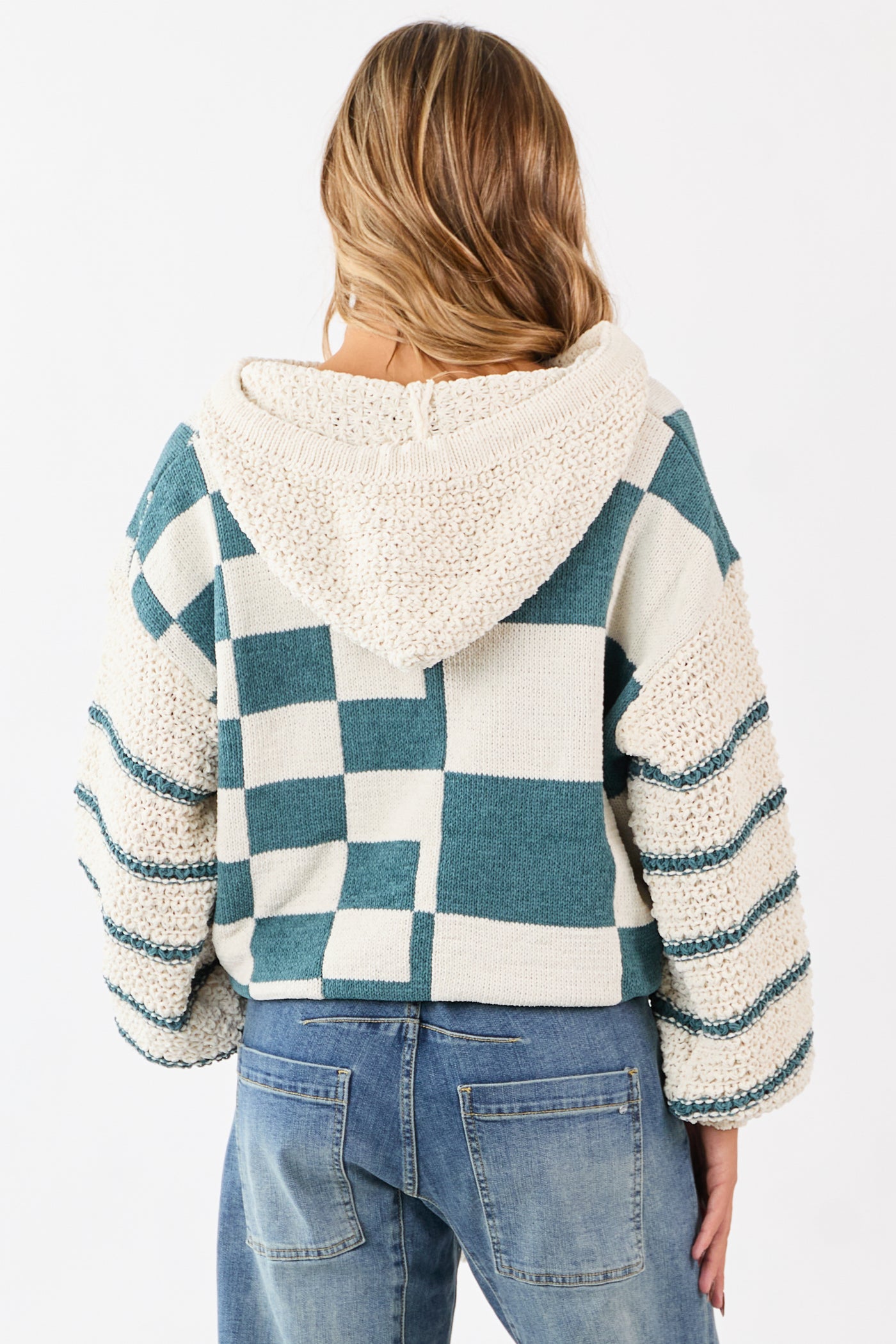 Mello Pine Checkered and Striped Hooded Sweater