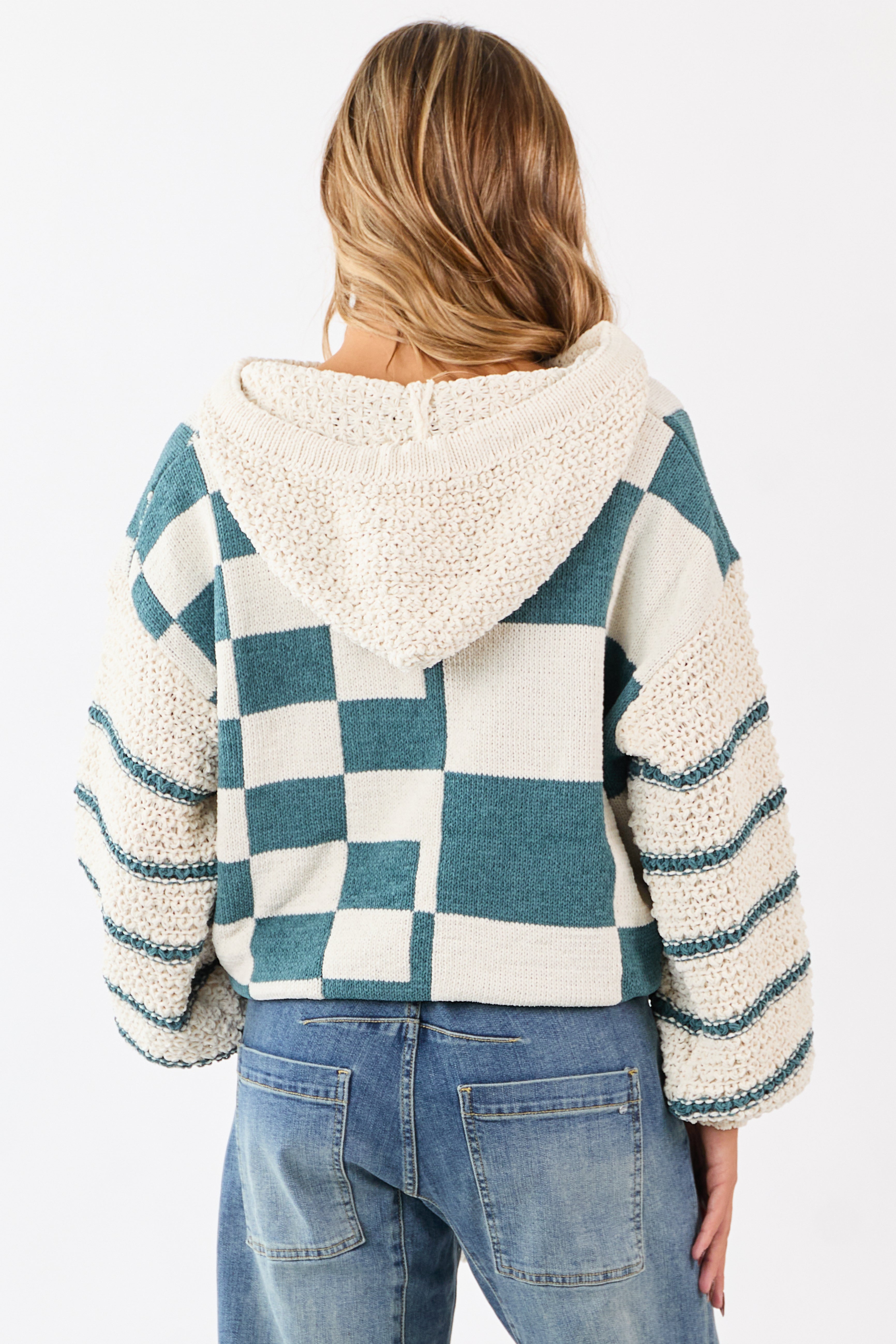 Mello Pine Checkered and Striped Hooded Sweater