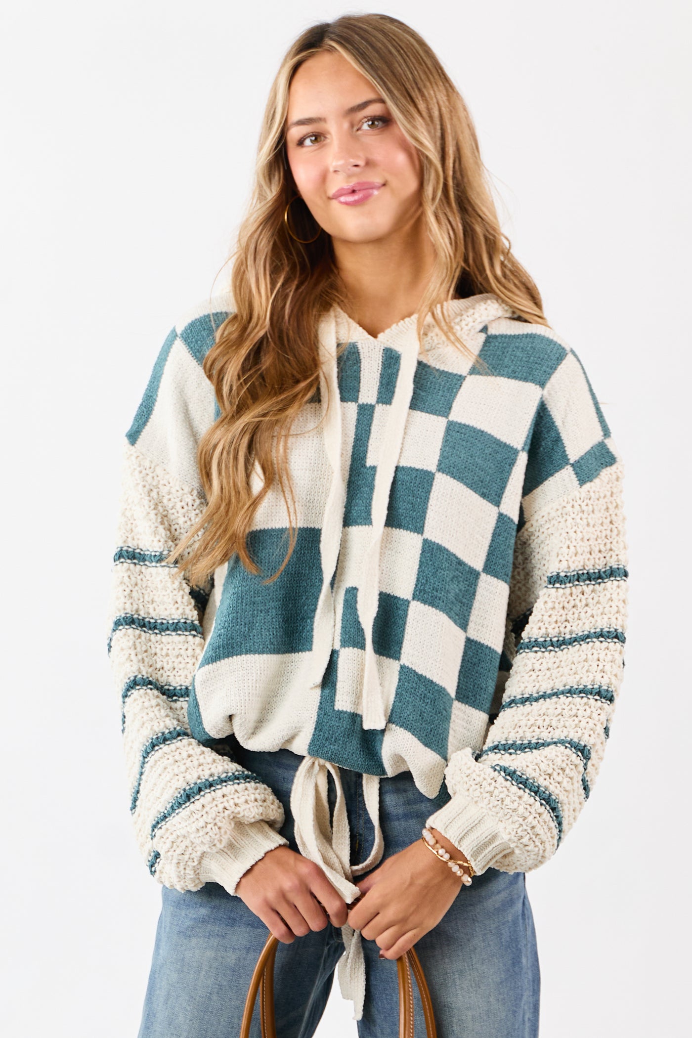 Mello Pine Checkered and Striped Hooded Sweater