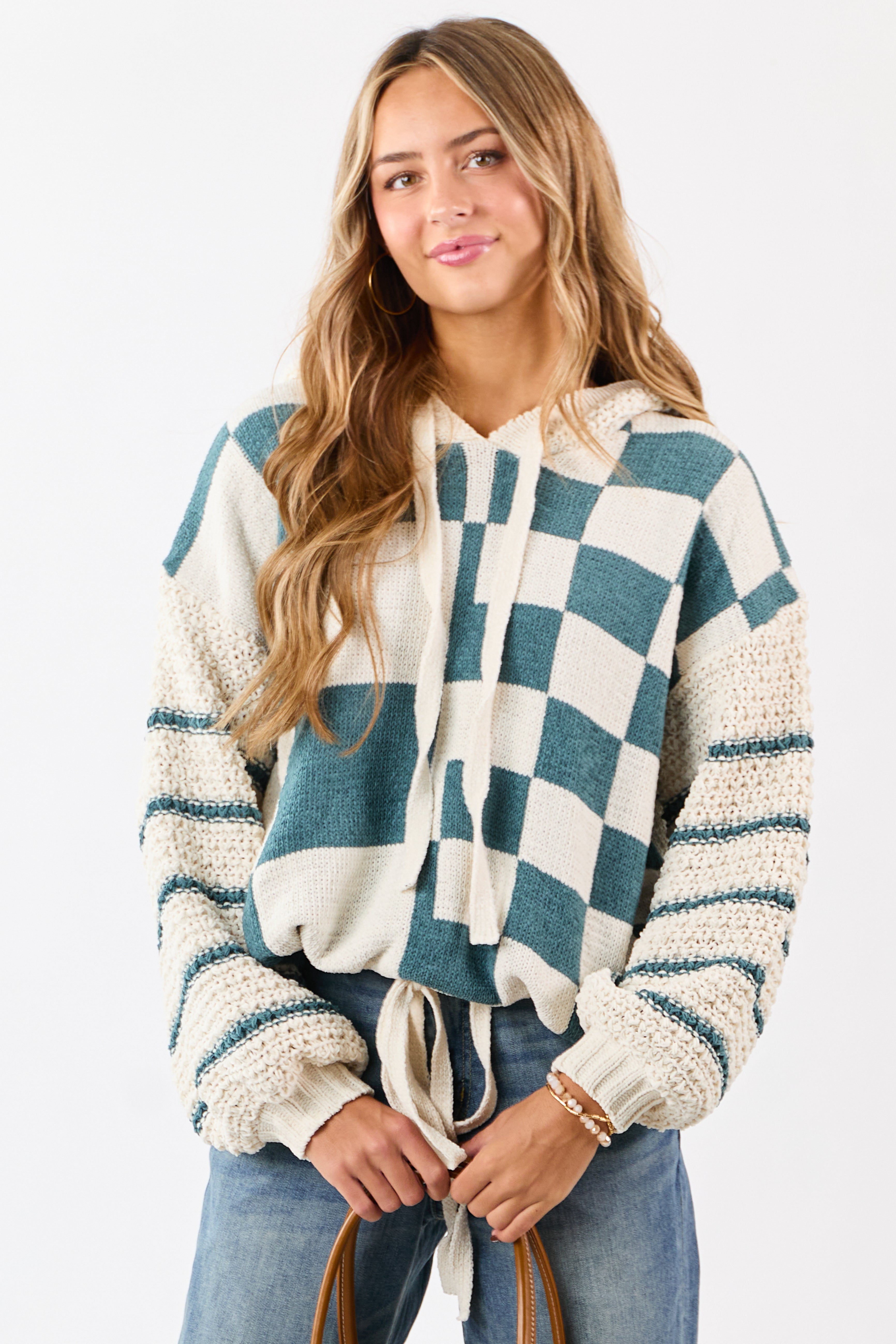 Mello Pine Checkered and Striped Hooded Sweater