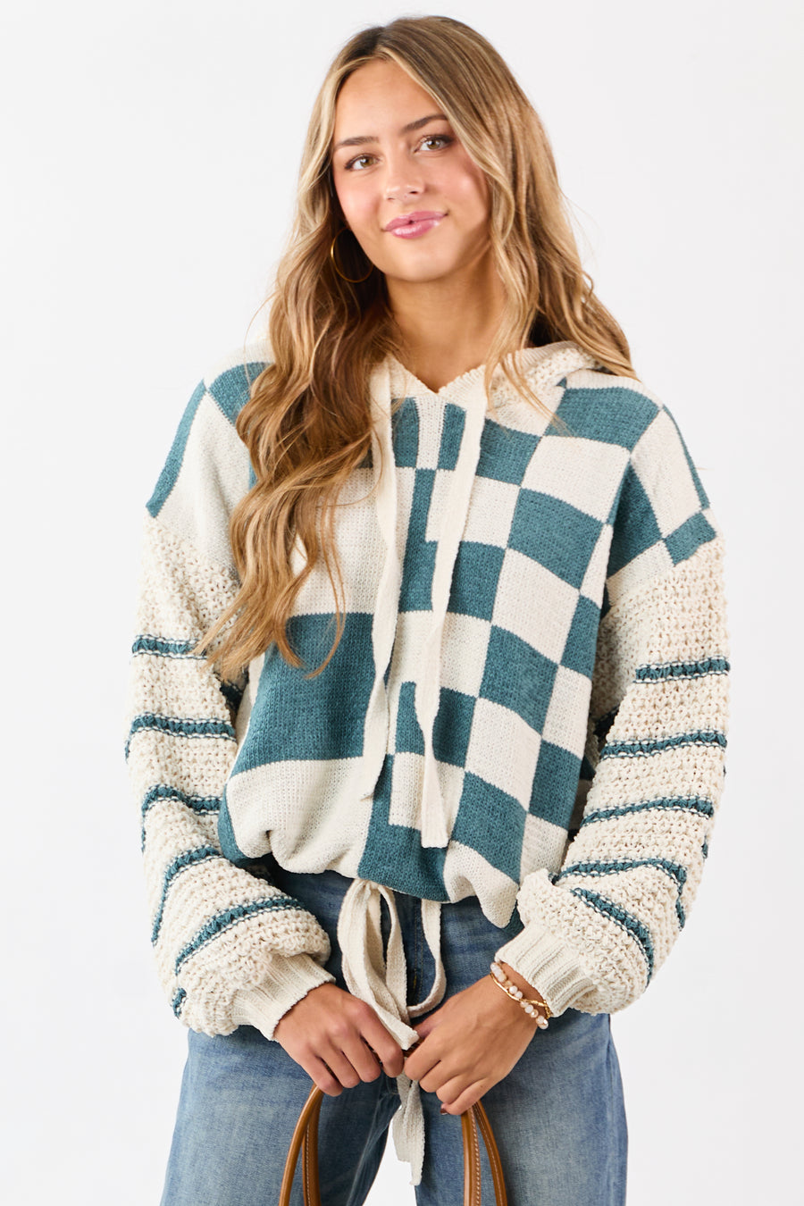 Mello Pine Checkered and Striped Hooded Sweater