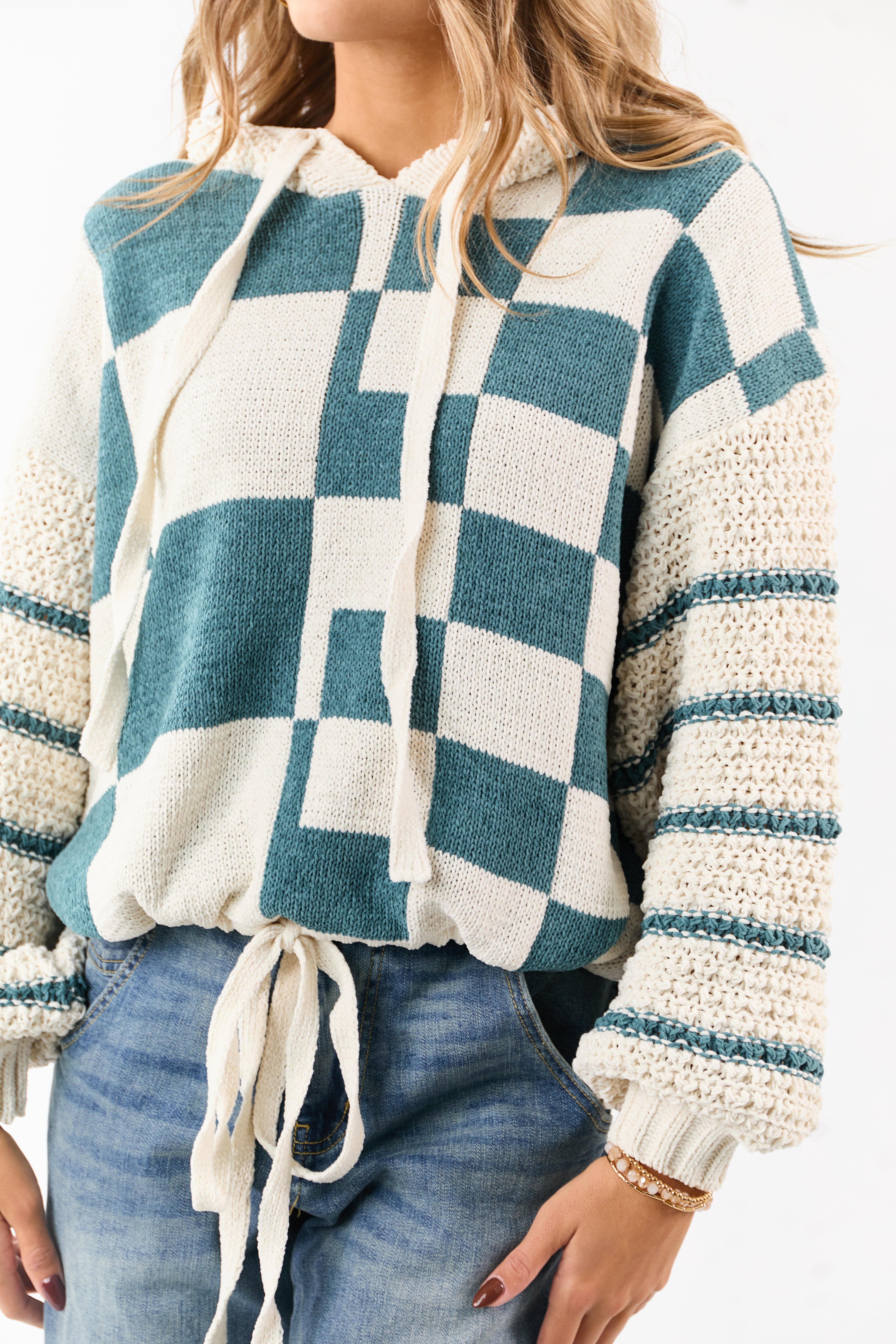 Mello Pine Checkered and Striped Hooded Sweater