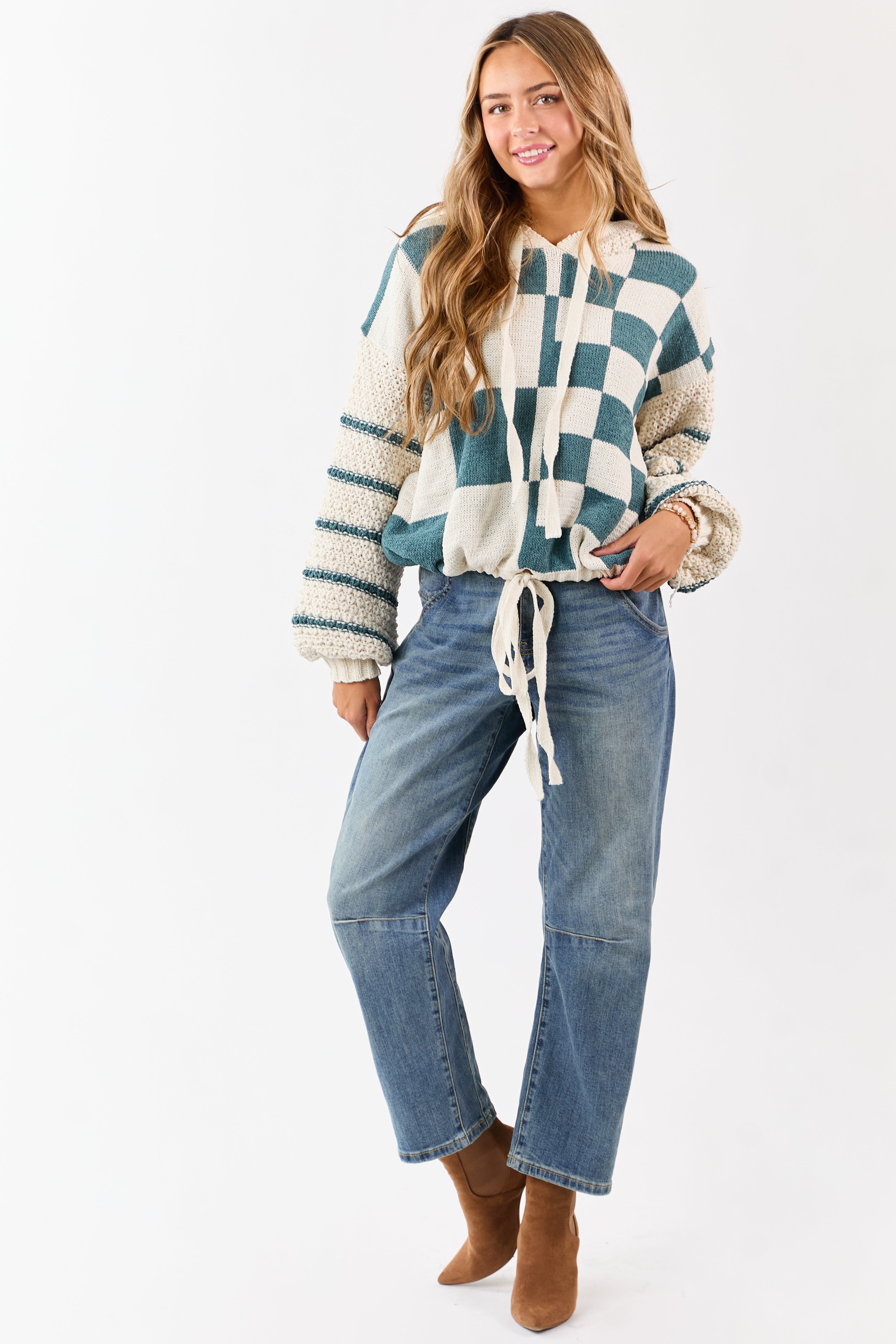 Mello Pine Checkered and Striped Hooded Sweater