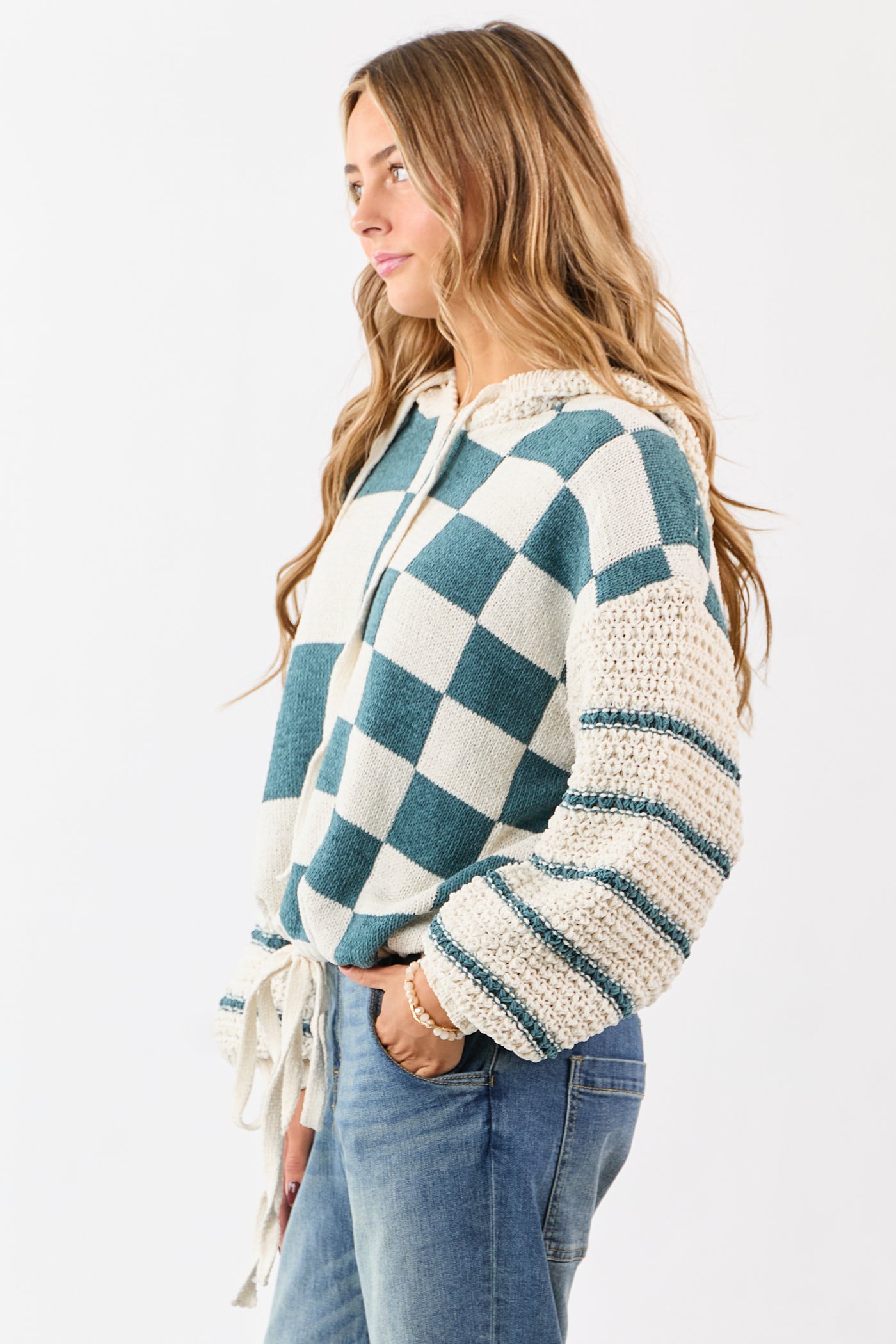 Mello Pine Checkered and Striped Hooded Sweater