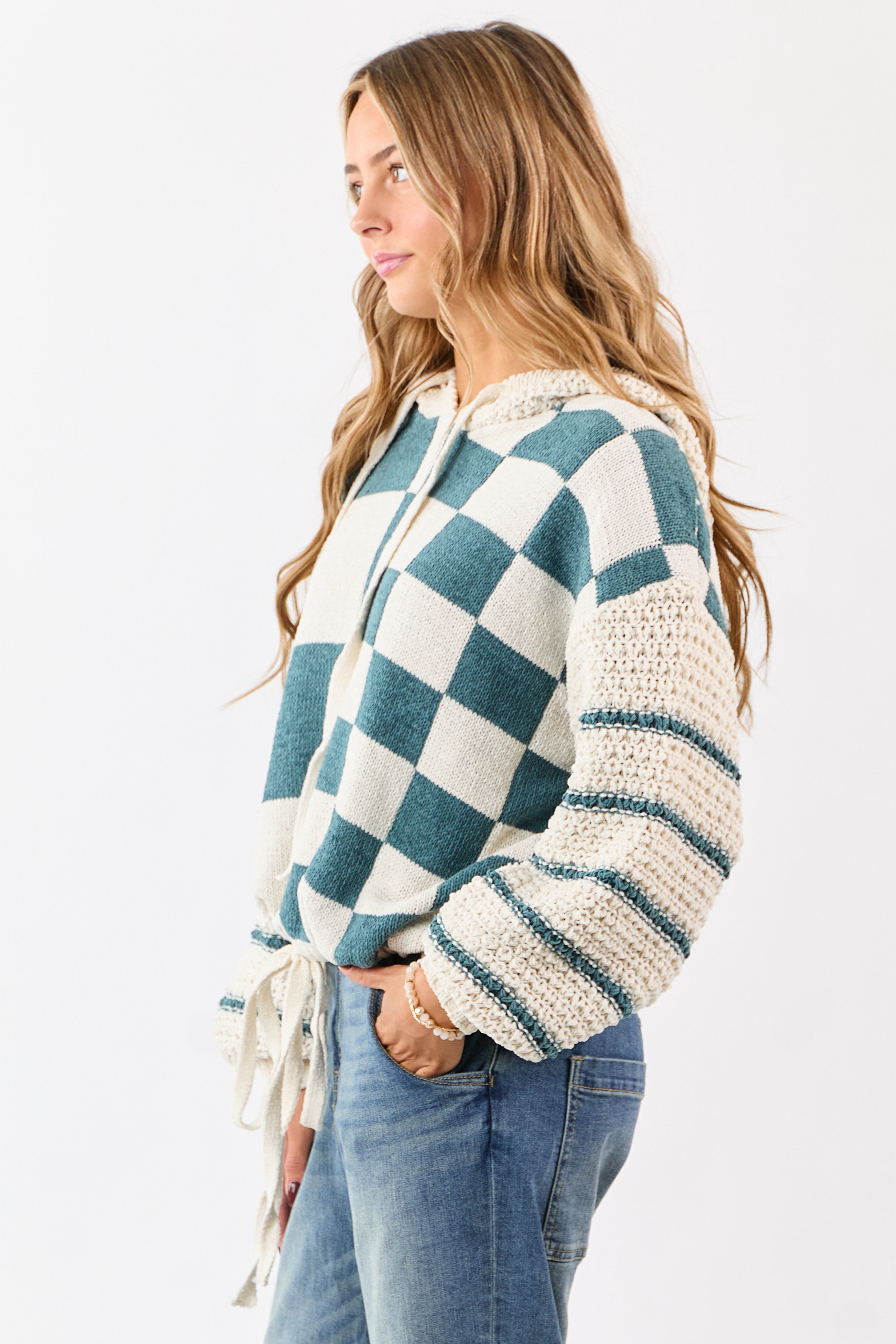 Mello Pine Checkered and Striped Hooded Sweater
