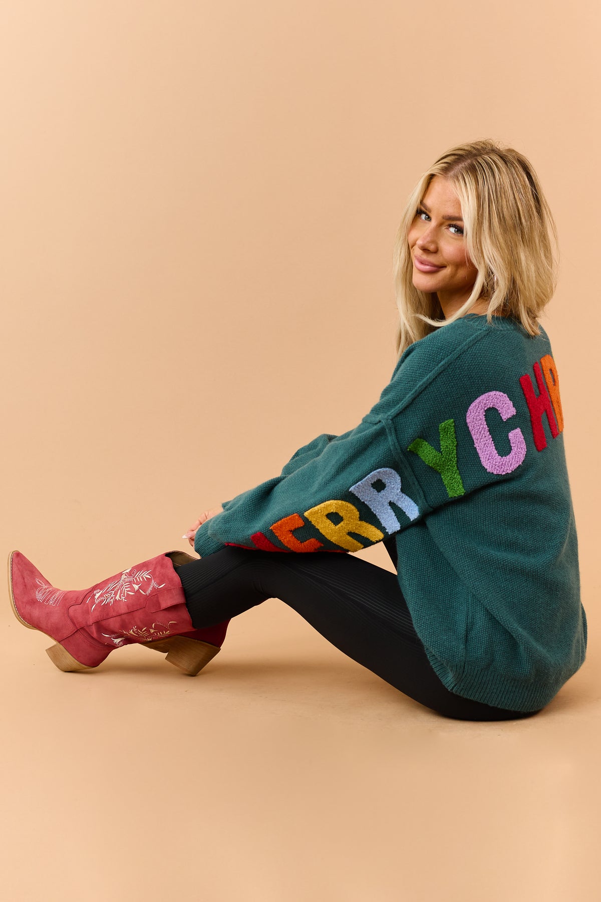 Mello Pine Green Christmas Lettering Knit Sweater