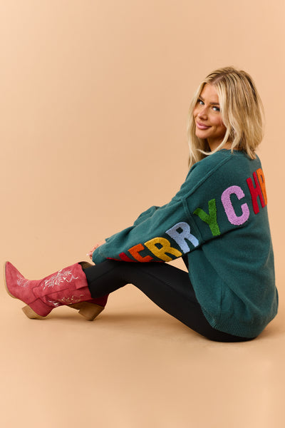 Mello Pine Green Christmas Lettering Knit Sweater