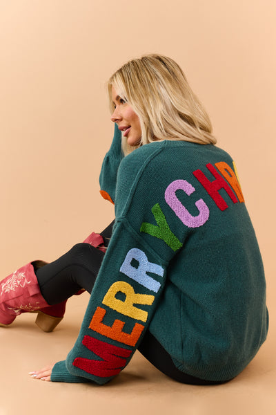 Mello Pine Green Christmas Lettering Knit Sweater