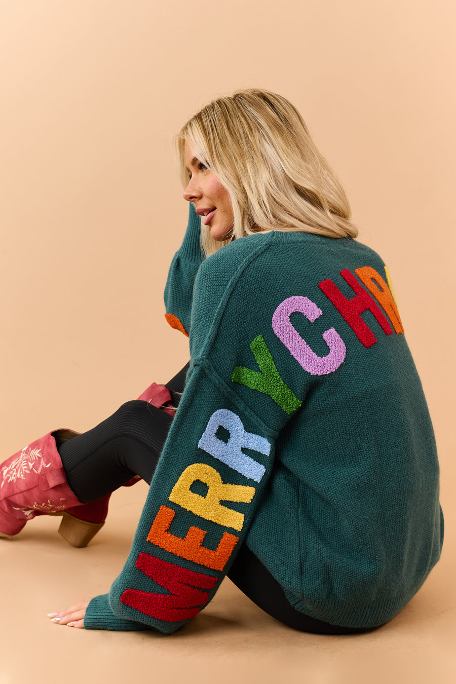 Mello Pine Green Christmas Lettering Knit Sweater