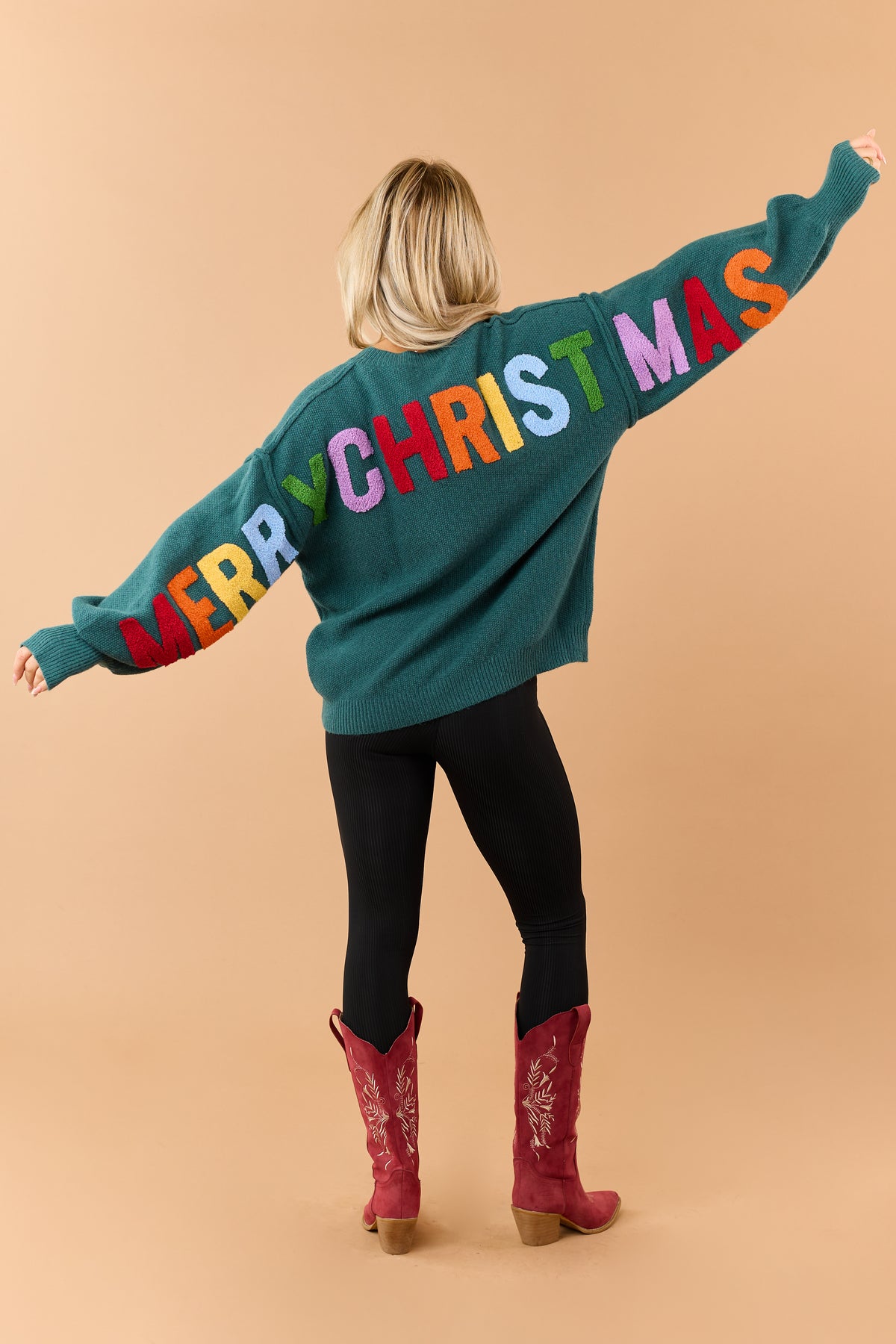 Mello Pine Green Christmas Lettering Knit Sweater