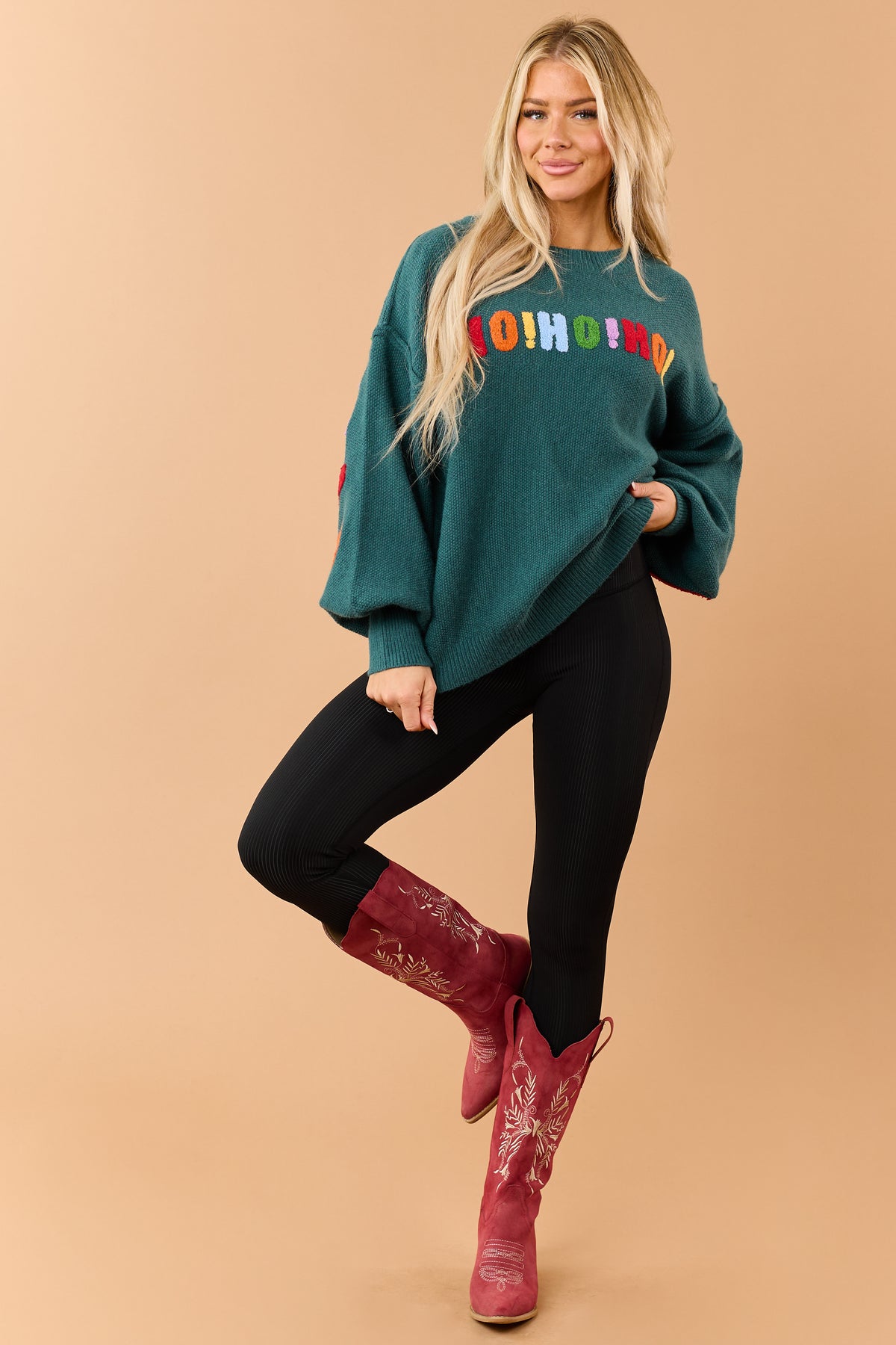 Mello Pine Green Christmas Lettering Knit Sweater