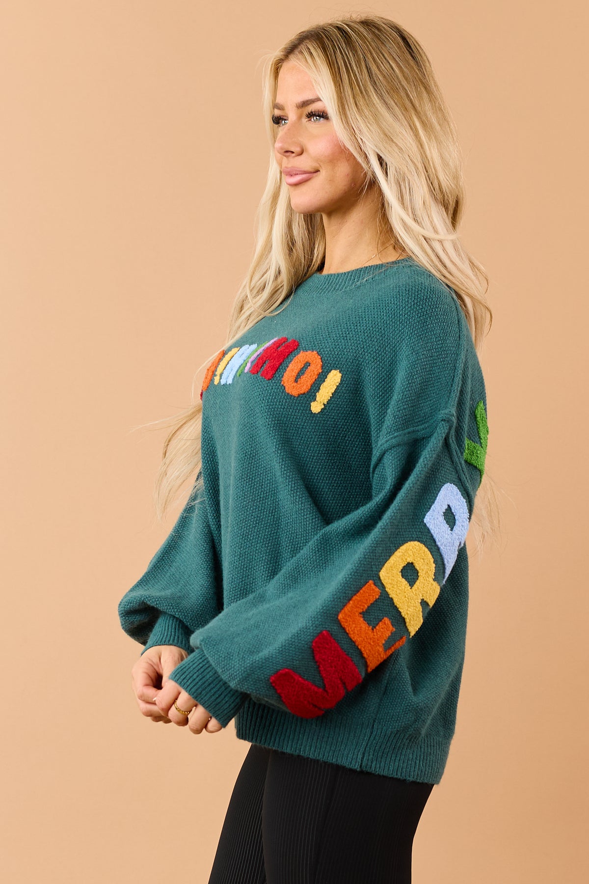 Mello Pine Green Christmas Lettering Knit Sweater