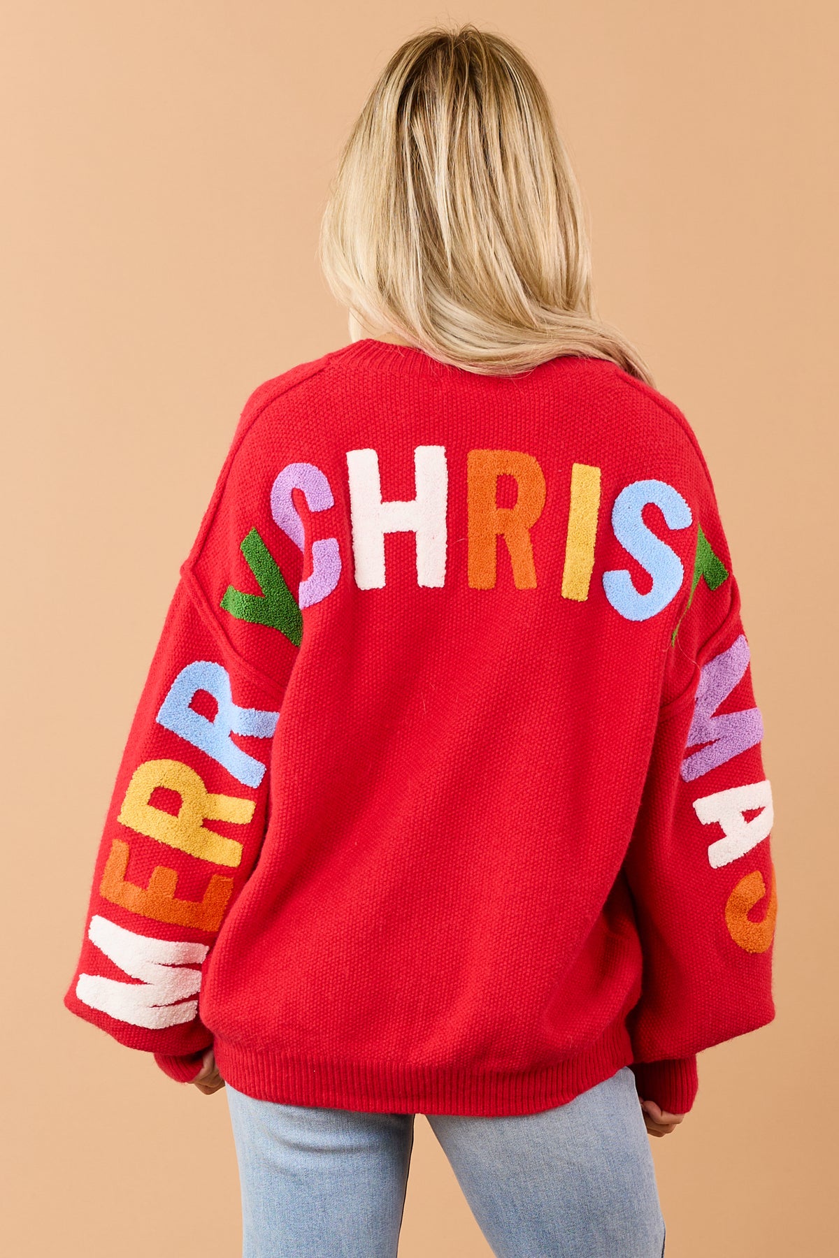 Mello Red Christmas Lettering Waffle Knit Sweater