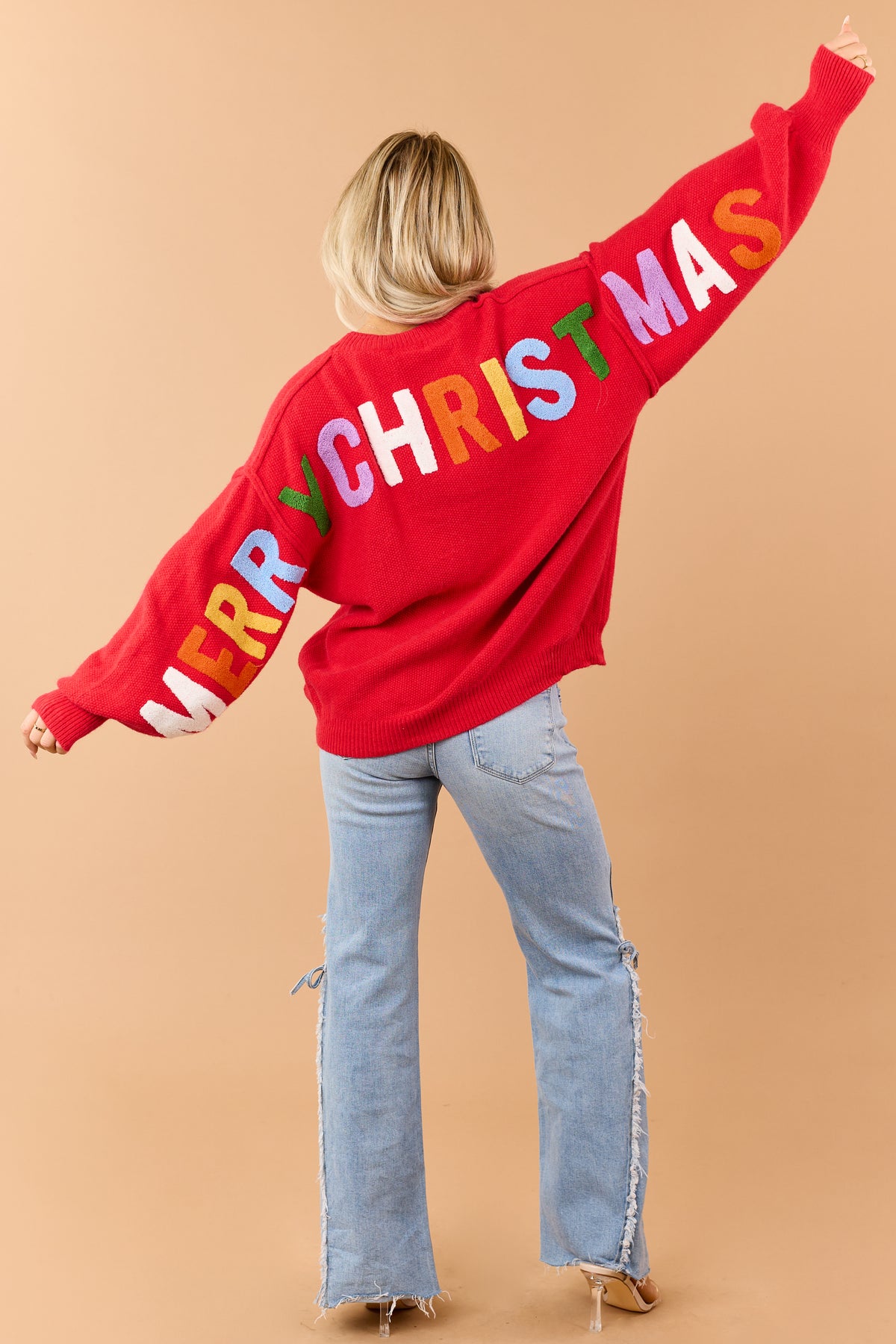 Mello Red Christmas Lettering Waffle Knit Sweater