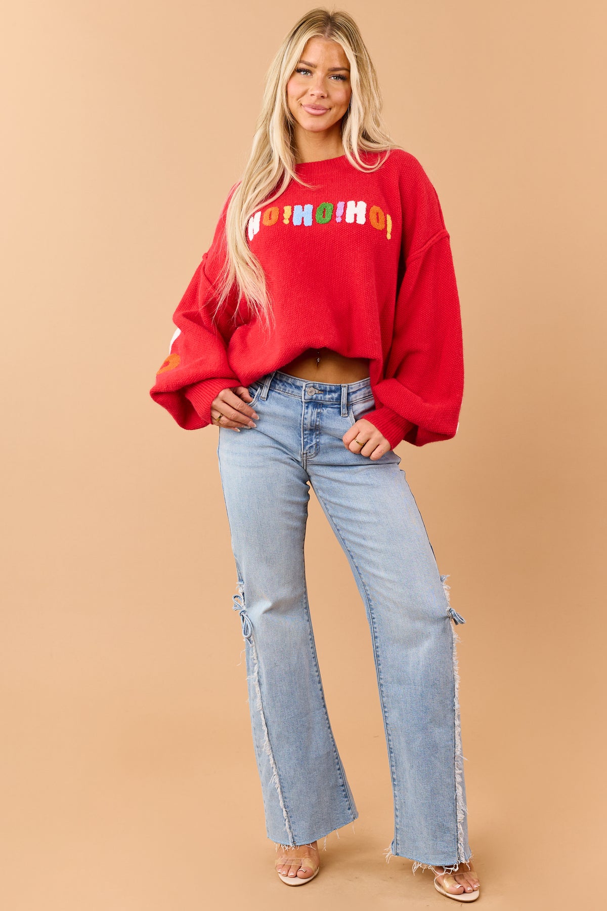 Mello Red Christmas Lettering Waffle Knit Sweater