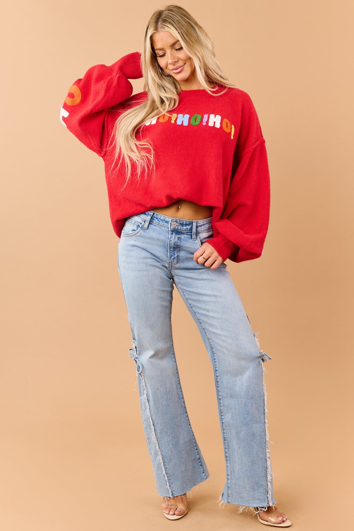 Mello Red Christmas Lettering Waffle Knit Sweater