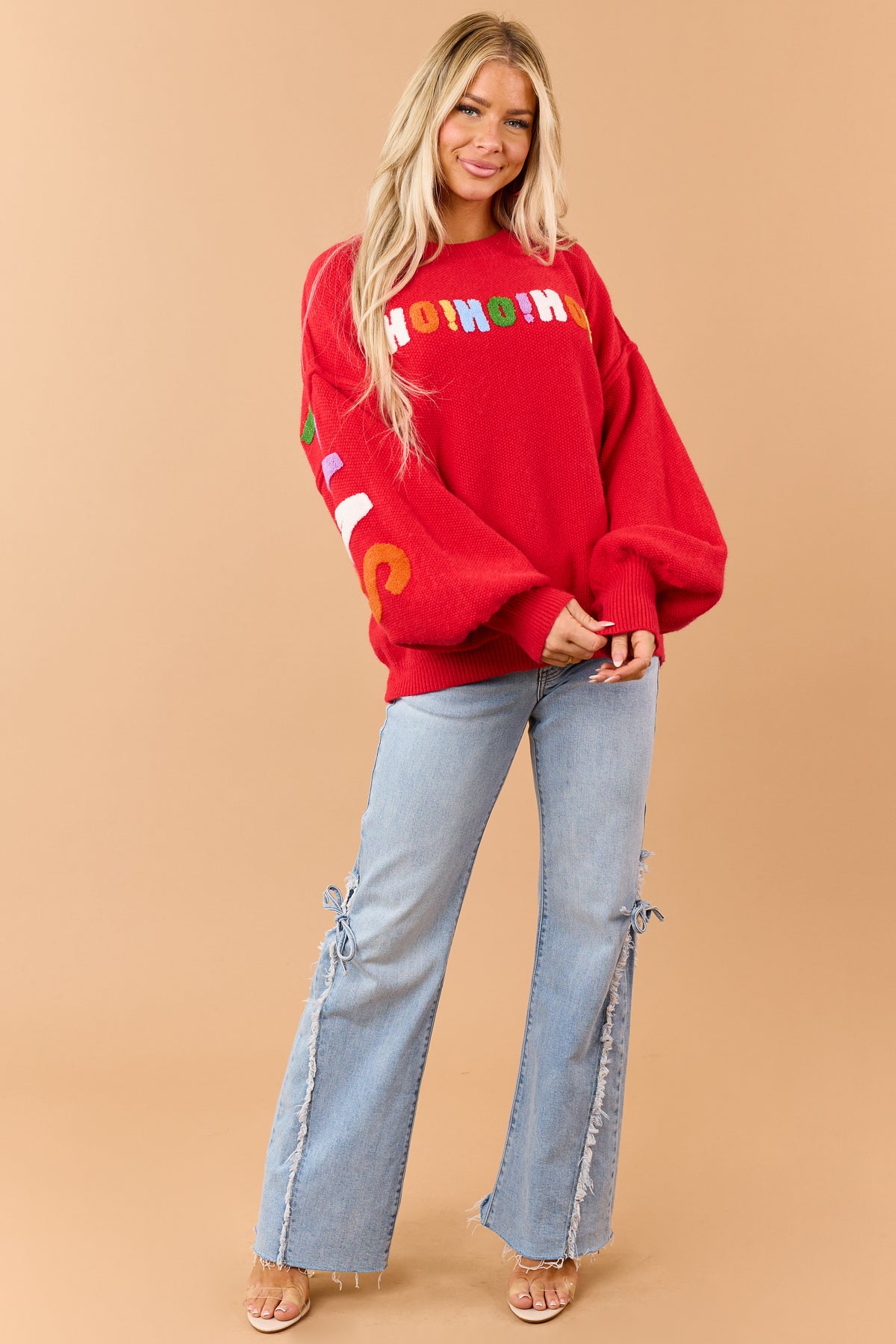 Mello Red Christmas Lettering Waffle Knit Sweater
