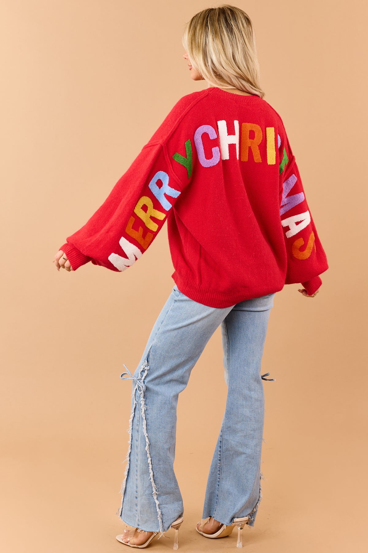 Mello Red Christmas Lettering Waffle Knit Sweater
