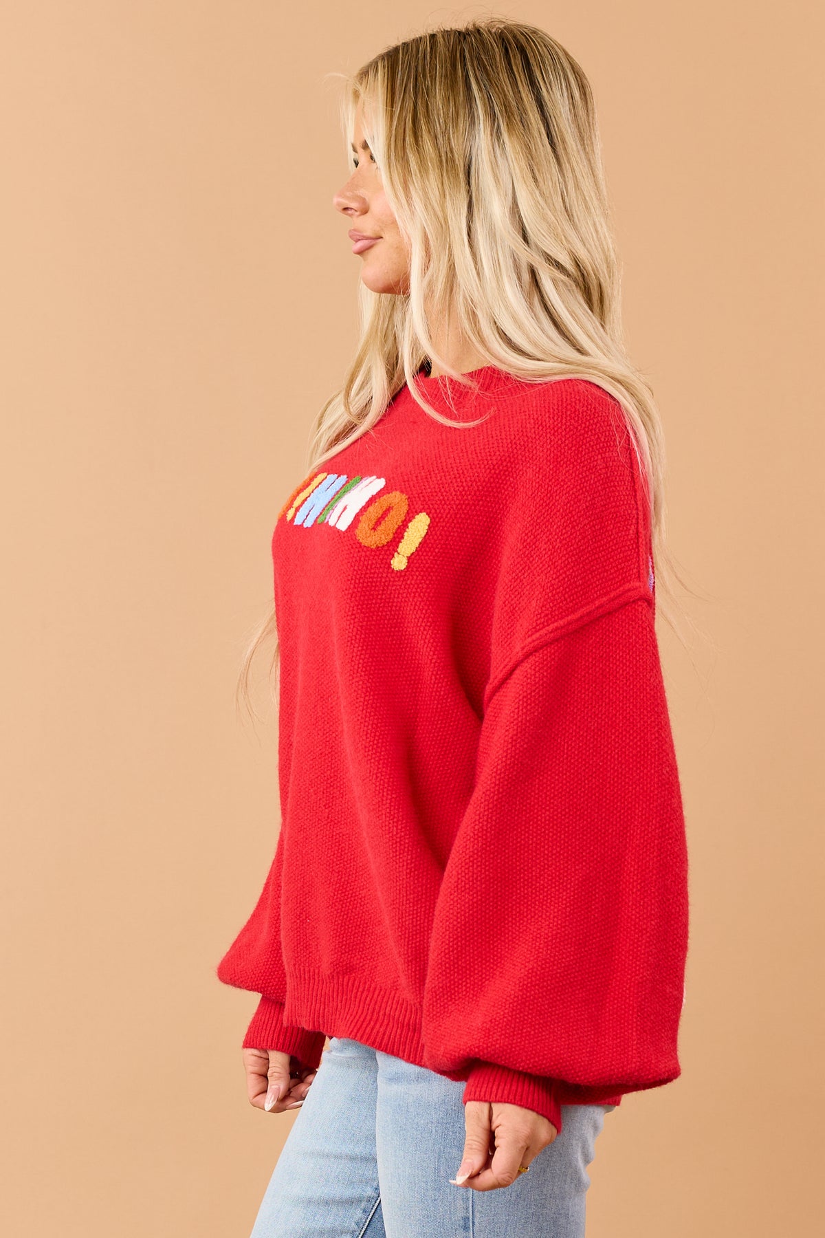 Mello Red Christmas Lettering Waffle Knit Sweater
