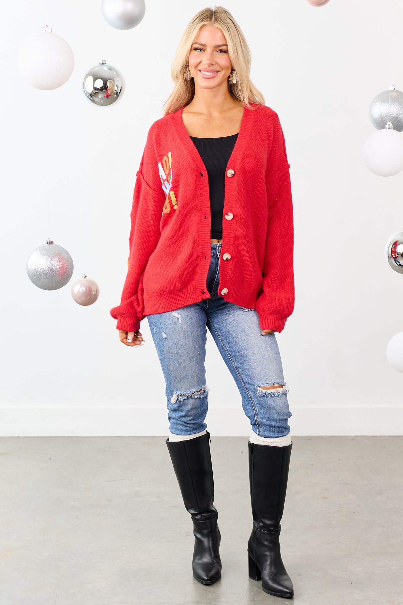 Mello Ruby 'Ho Ho Ho' Lettering Sweater Cardigan