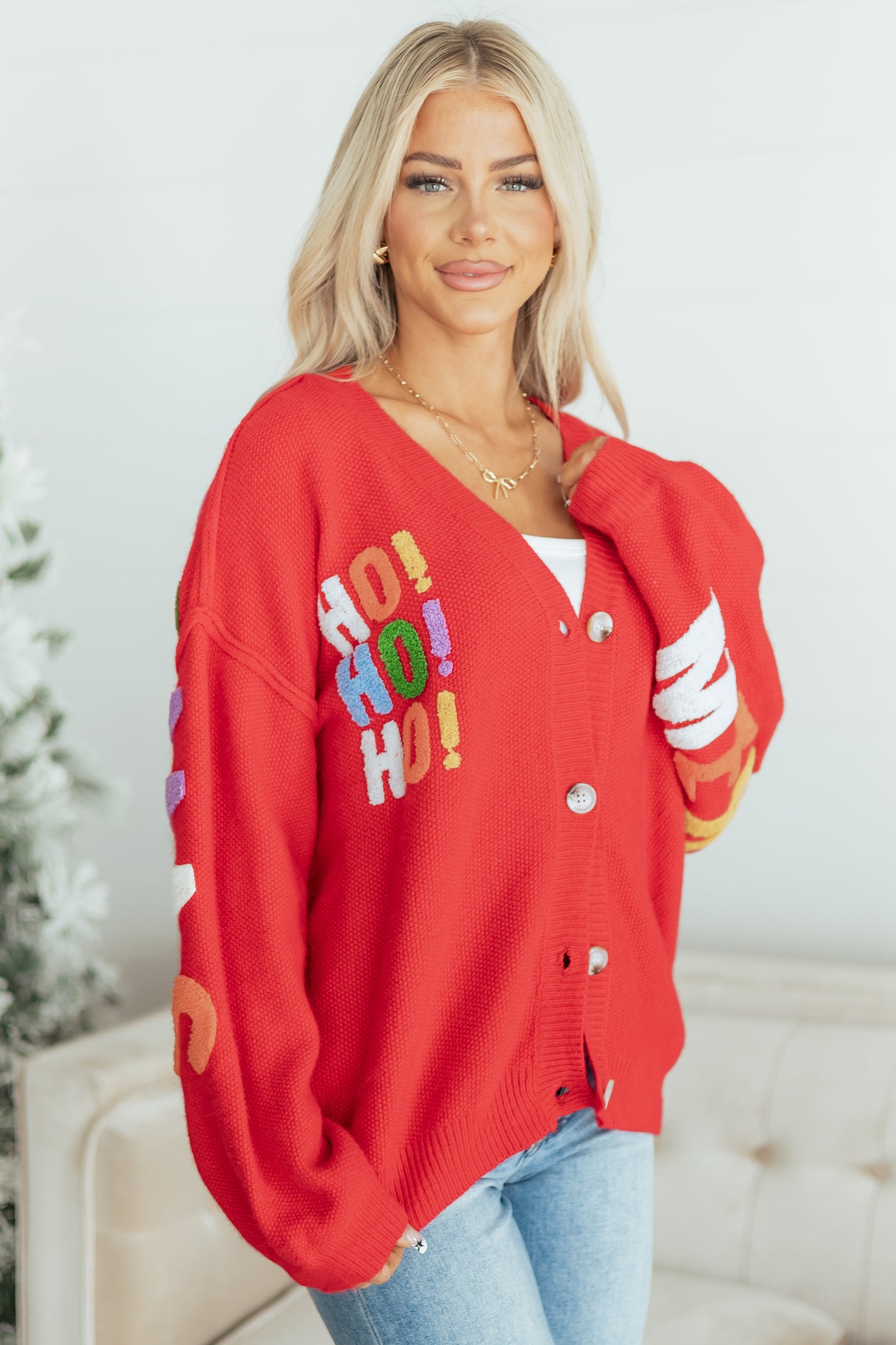 Mello Ruby 'Ho Ho Ho' Lettering Sweater Cardigan