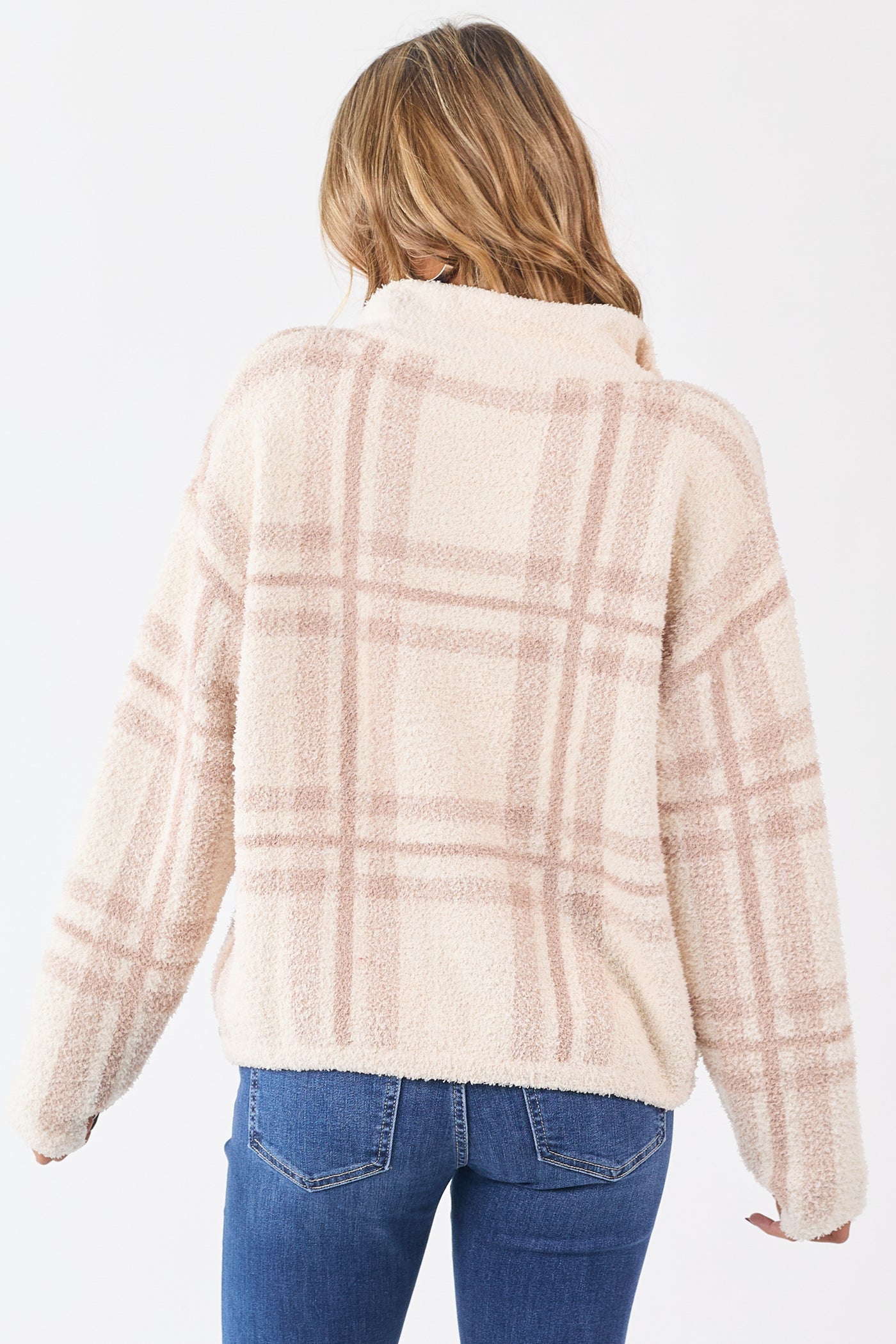 Mello Vanilla Plaid Knit Quarter Zip Pullover Sweater