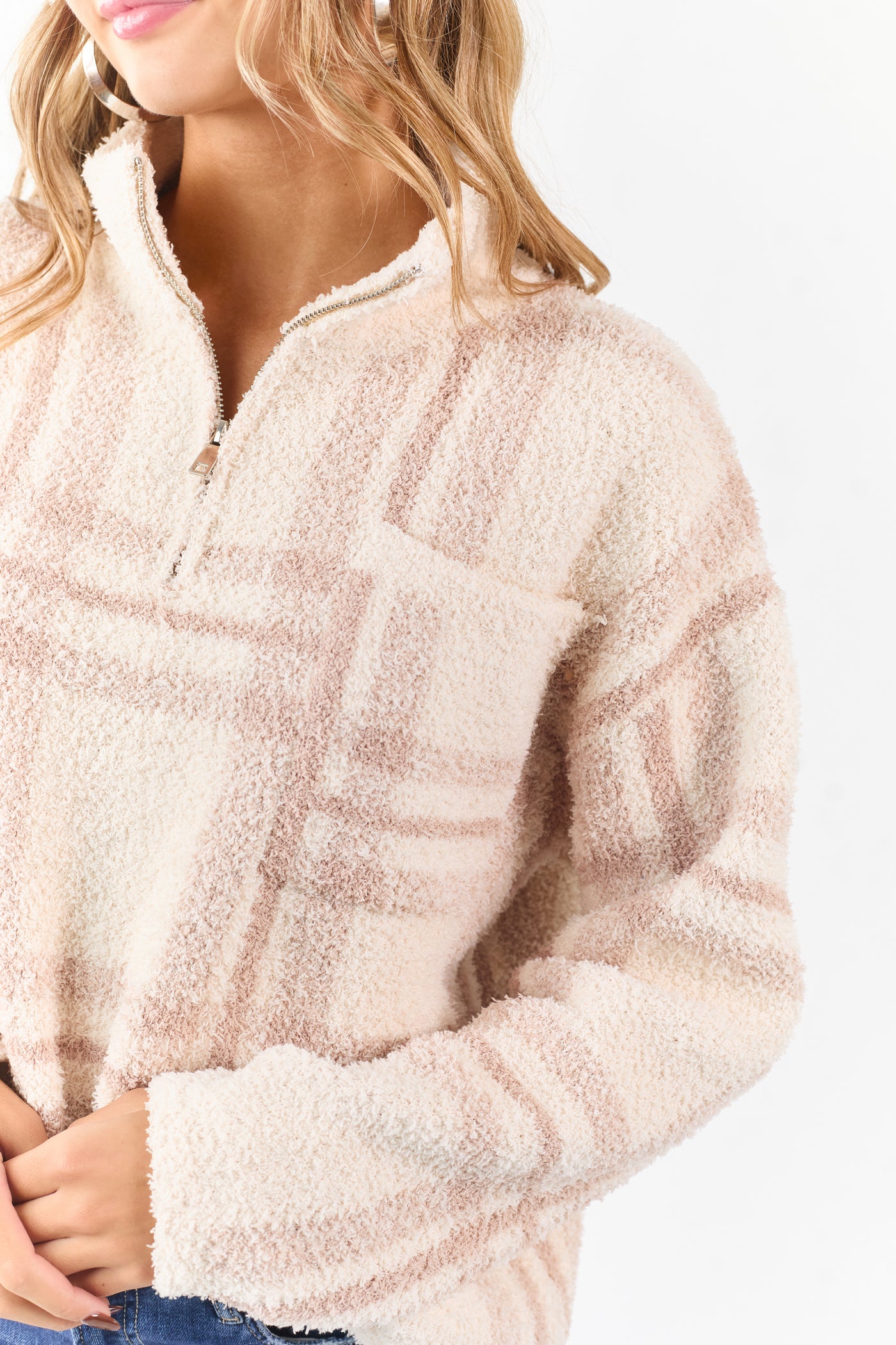 Mello Vanilla Plaid Knit Quarter Zip Pullover Sweater