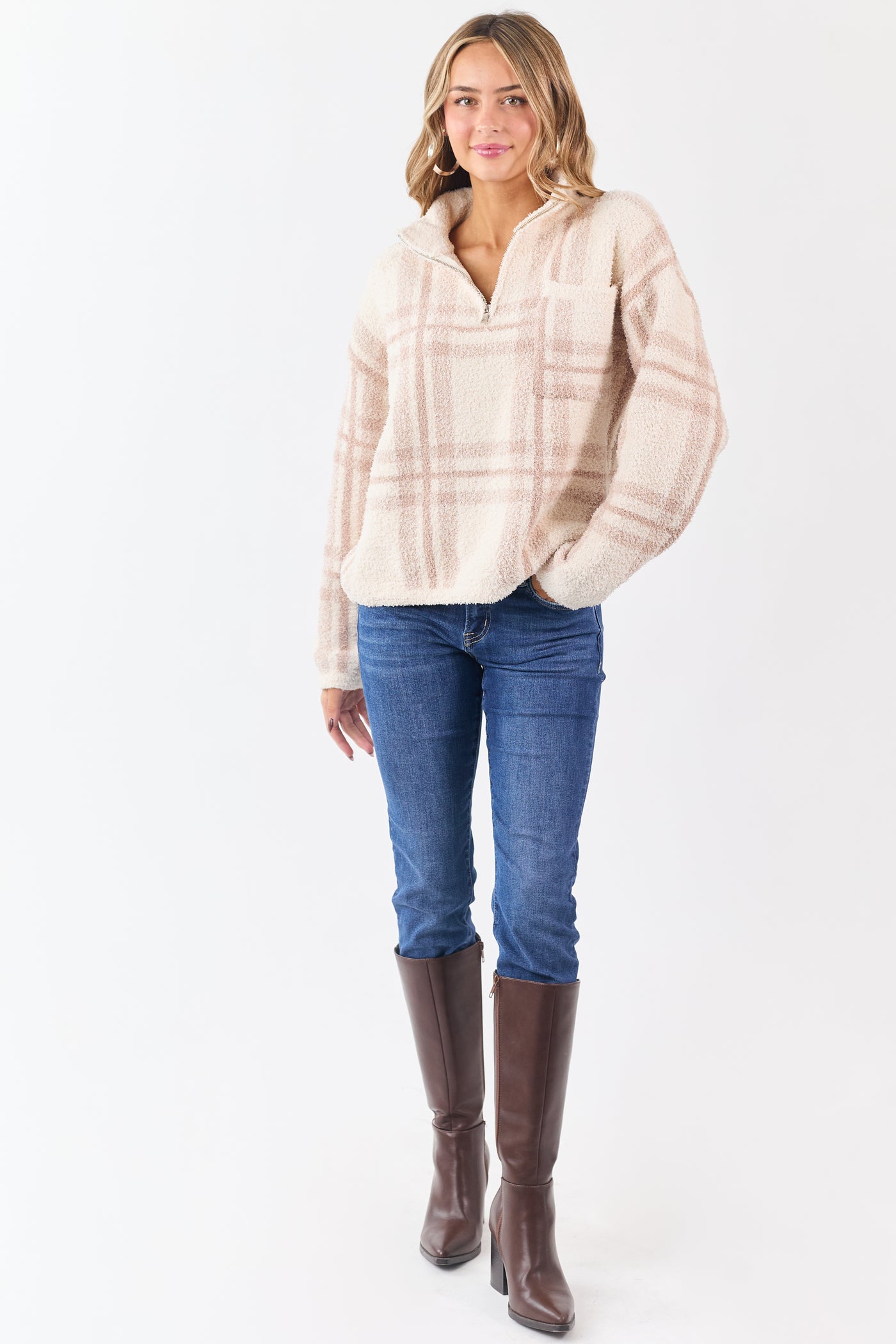 Mello Vanilla Plaid Knit Quarter Zip Pullover Sweater