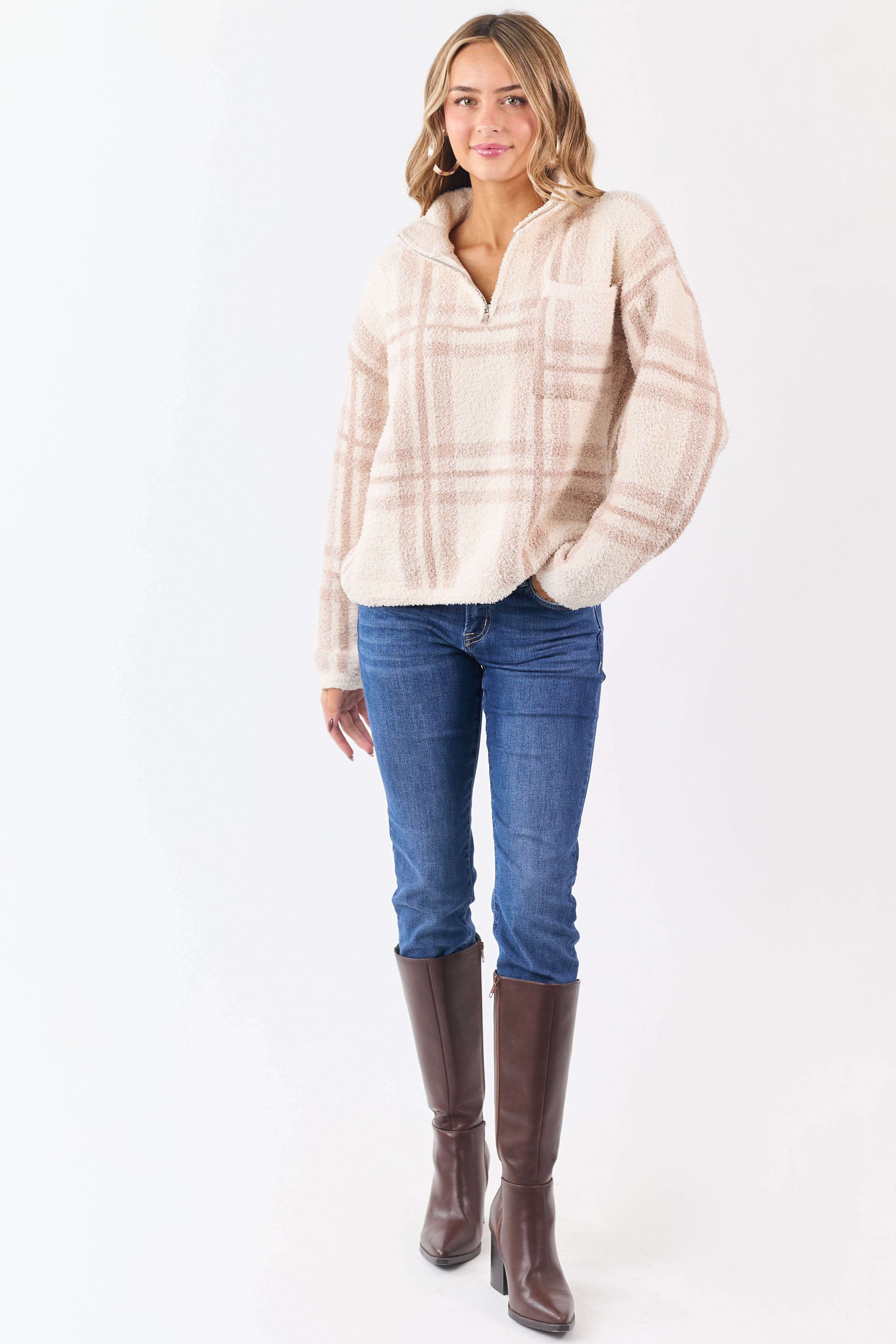Mello Vanilla Plaid Knit Quarter Zip Pullover Sweater