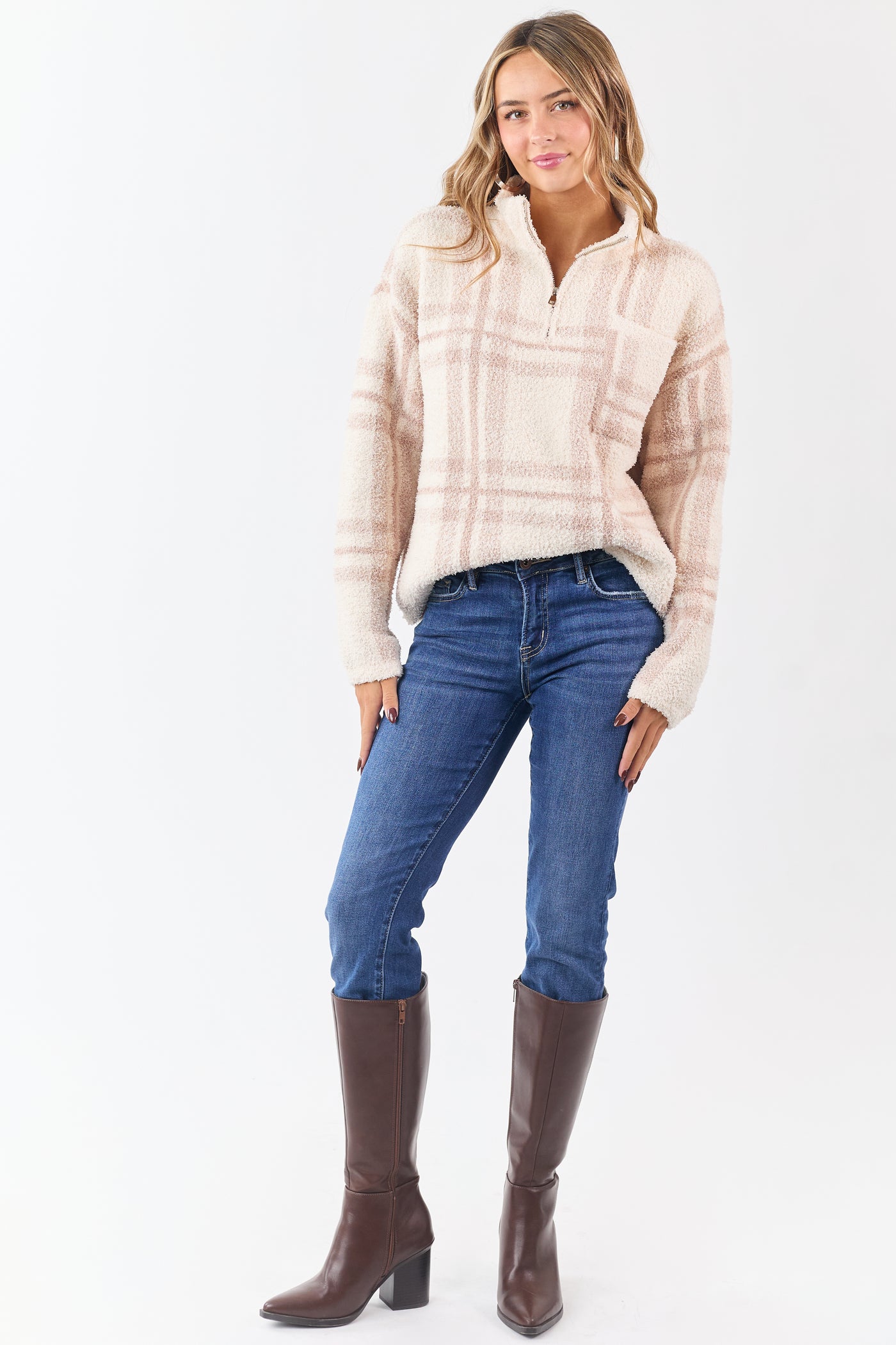 Mello Vanilla Plaid Knit Quarter Zip Pullover Sweater