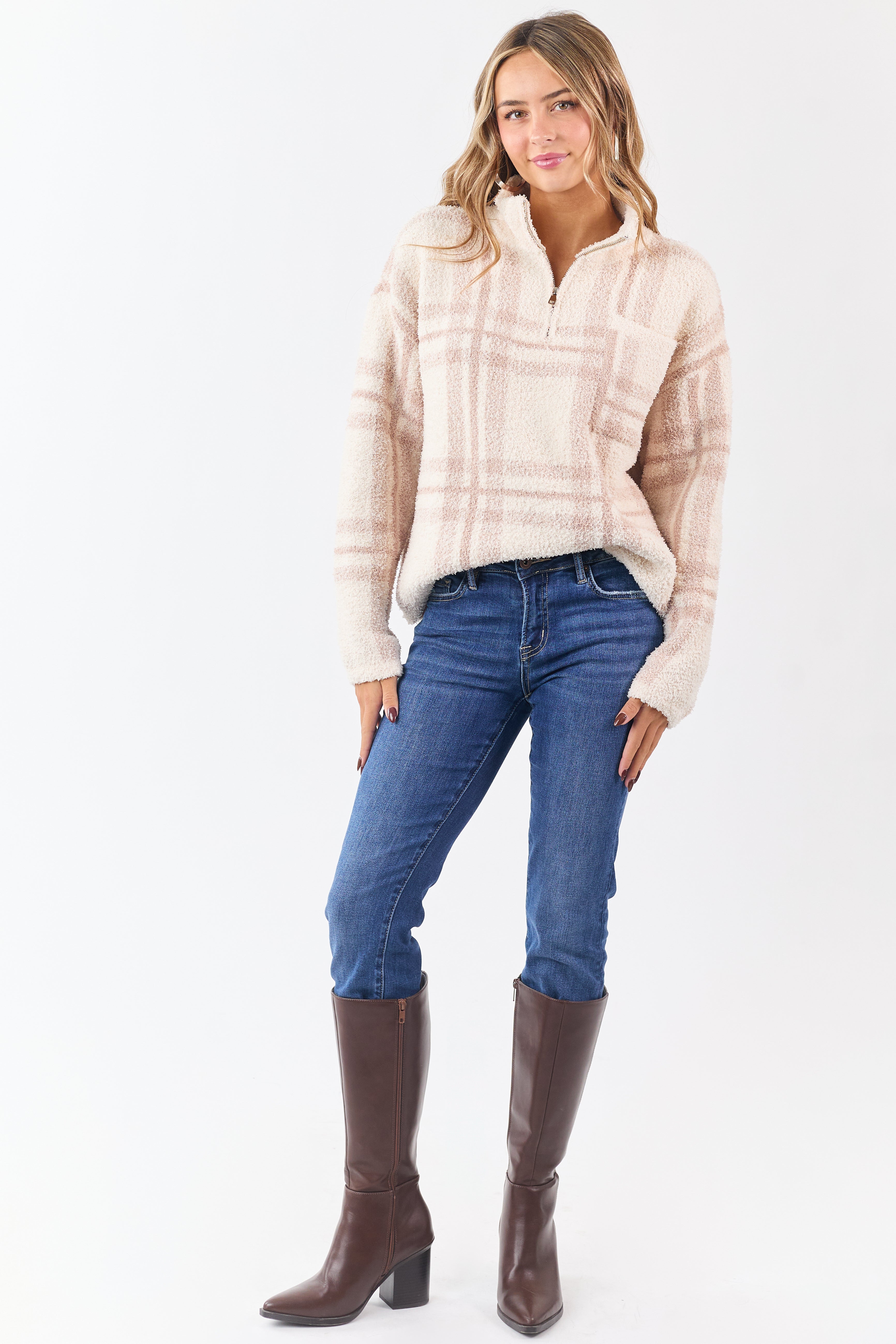 Mello Vanilla Plaid Knit Quarter Zip Pullover Sweater