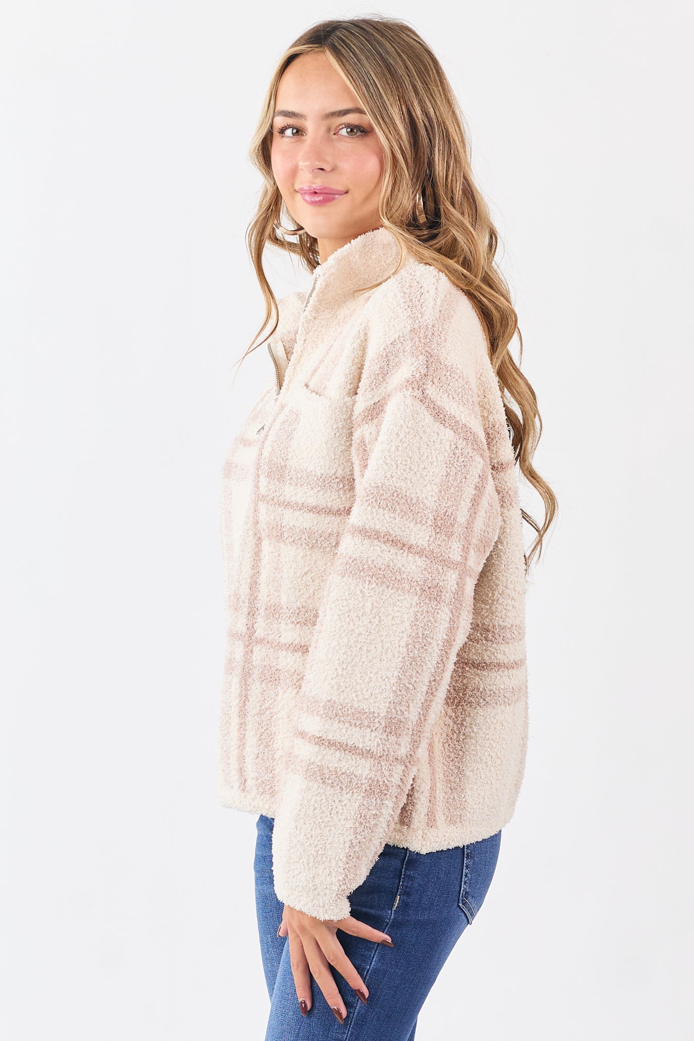 Mello Vanilla Plaid Knit Quarter Zip Pullover Sweater